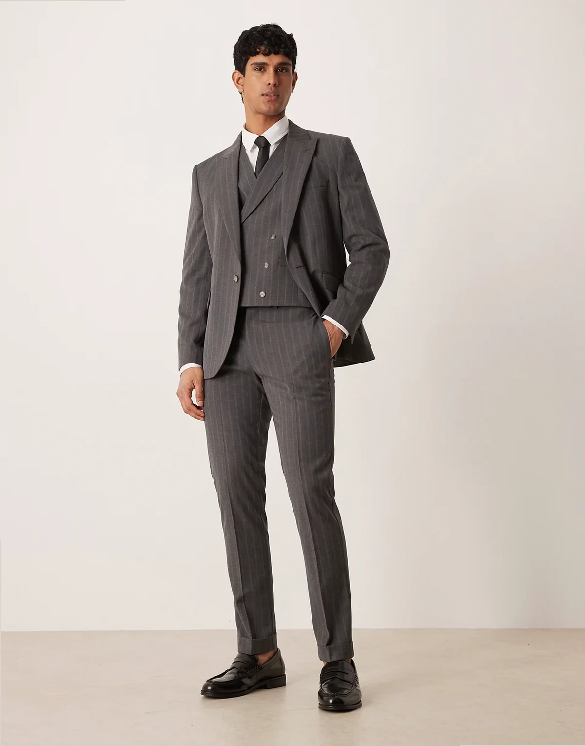 slim suit pants in gray pin stripe