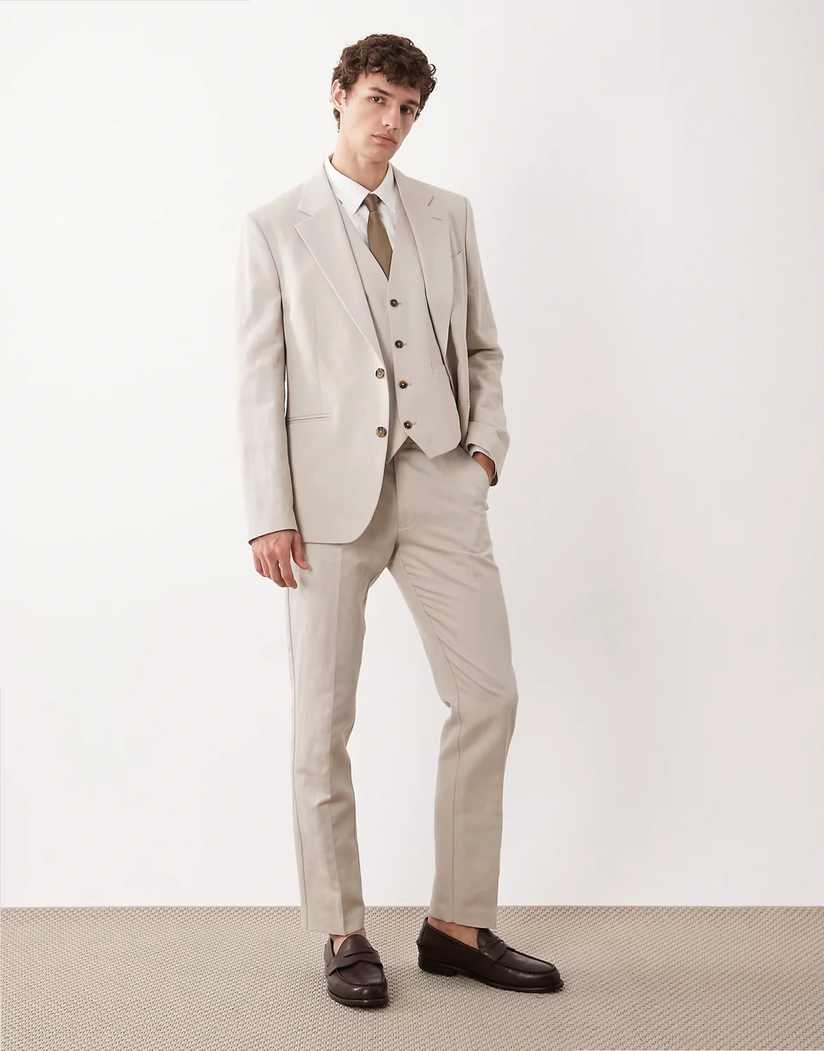 linen rich slim suit pants in stone twill