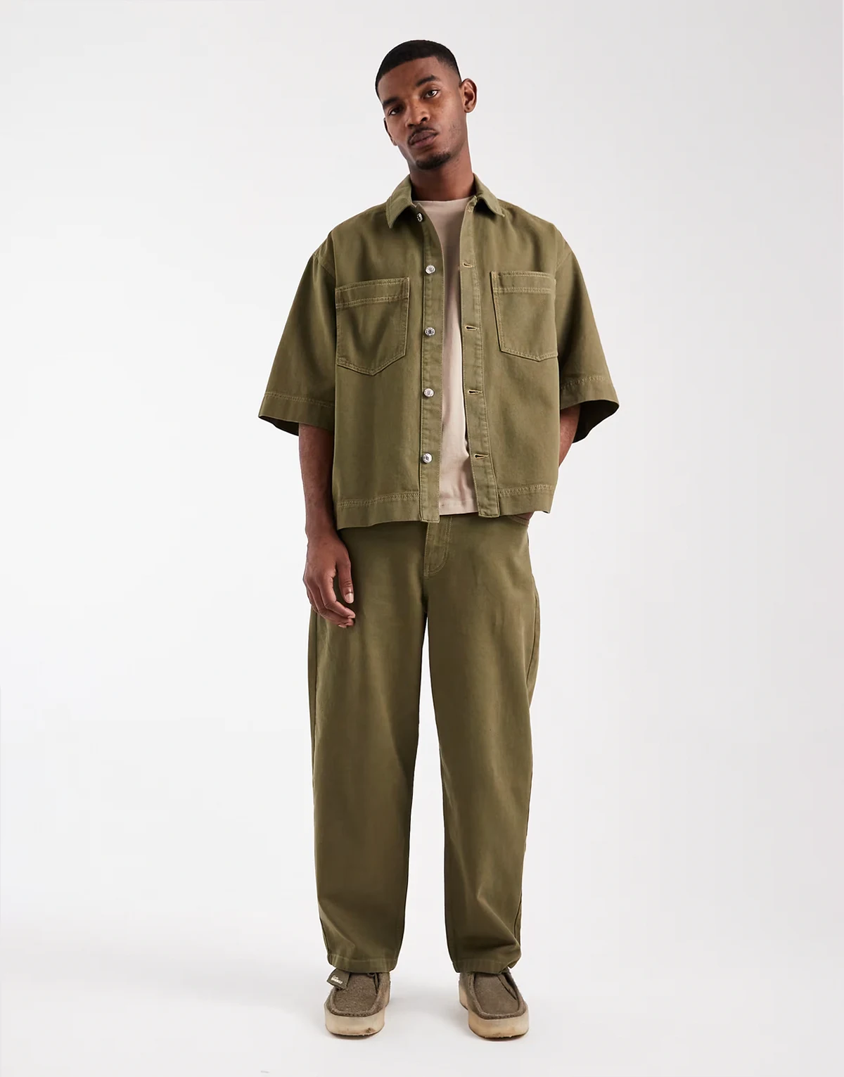 loose straight leg jeans in khaki green - part of a set