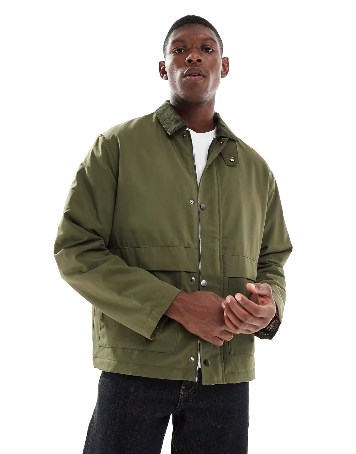 cord collar padded coach jacket in dark green