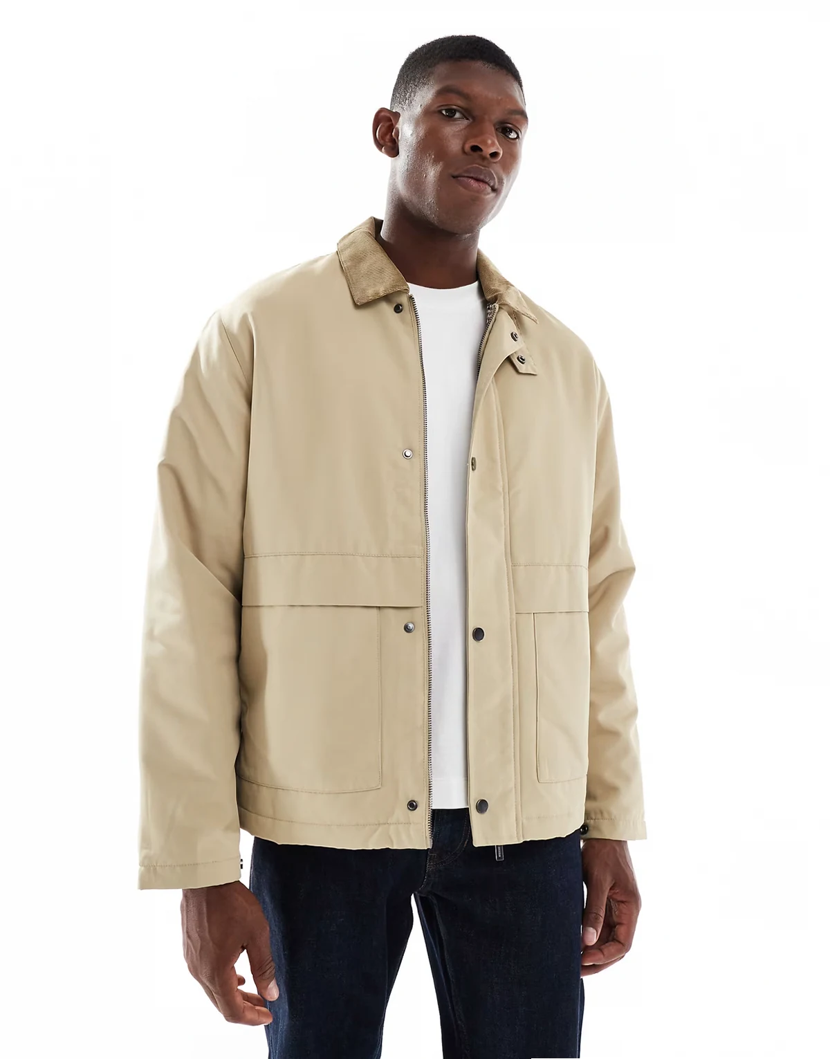cord collar padded coach jacket in beige