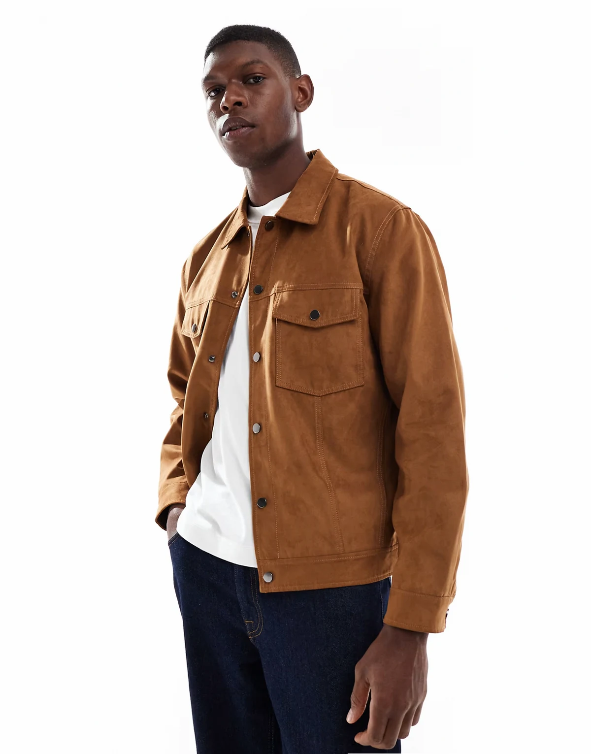 faux suede trucker jacket in tan
