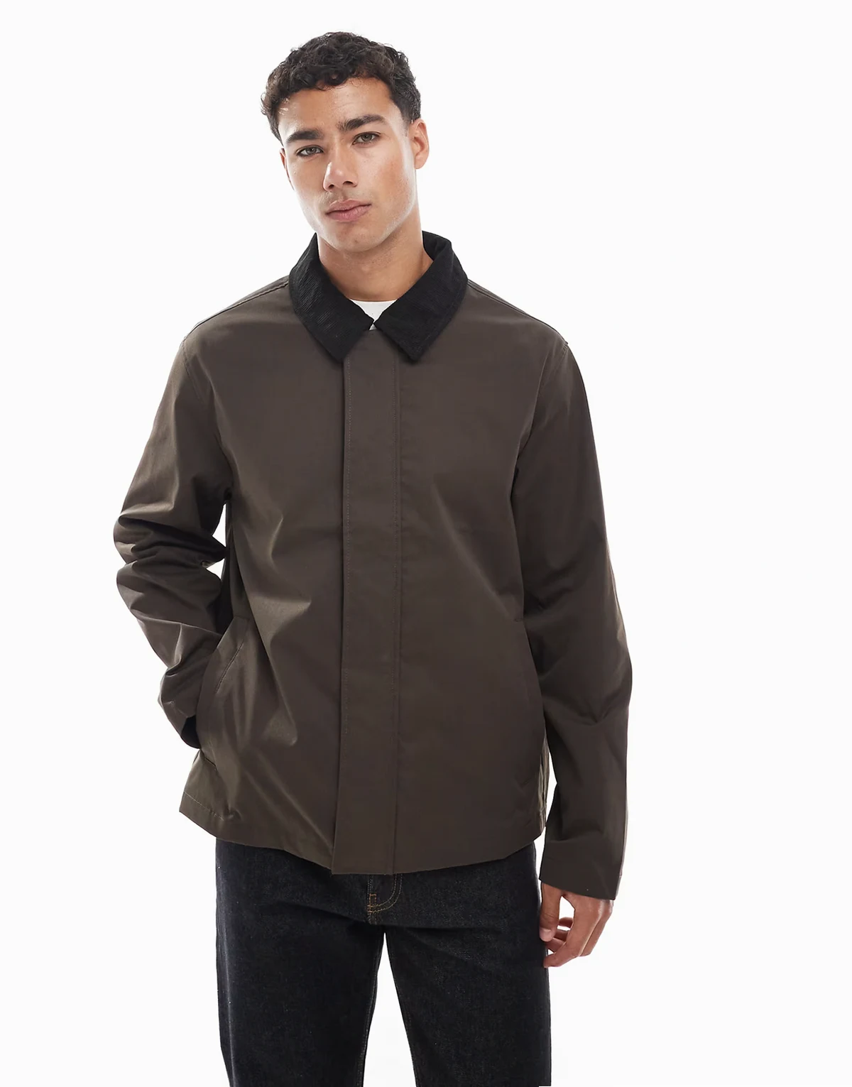 harrington jacket with cord collar in brown