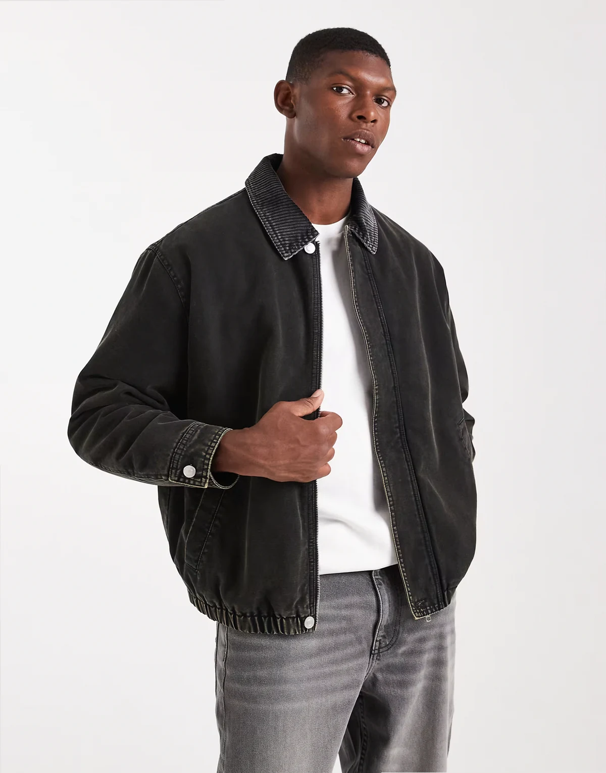 – Harrington-Jacke in verwaschenem Schwarz mit Cordkragen