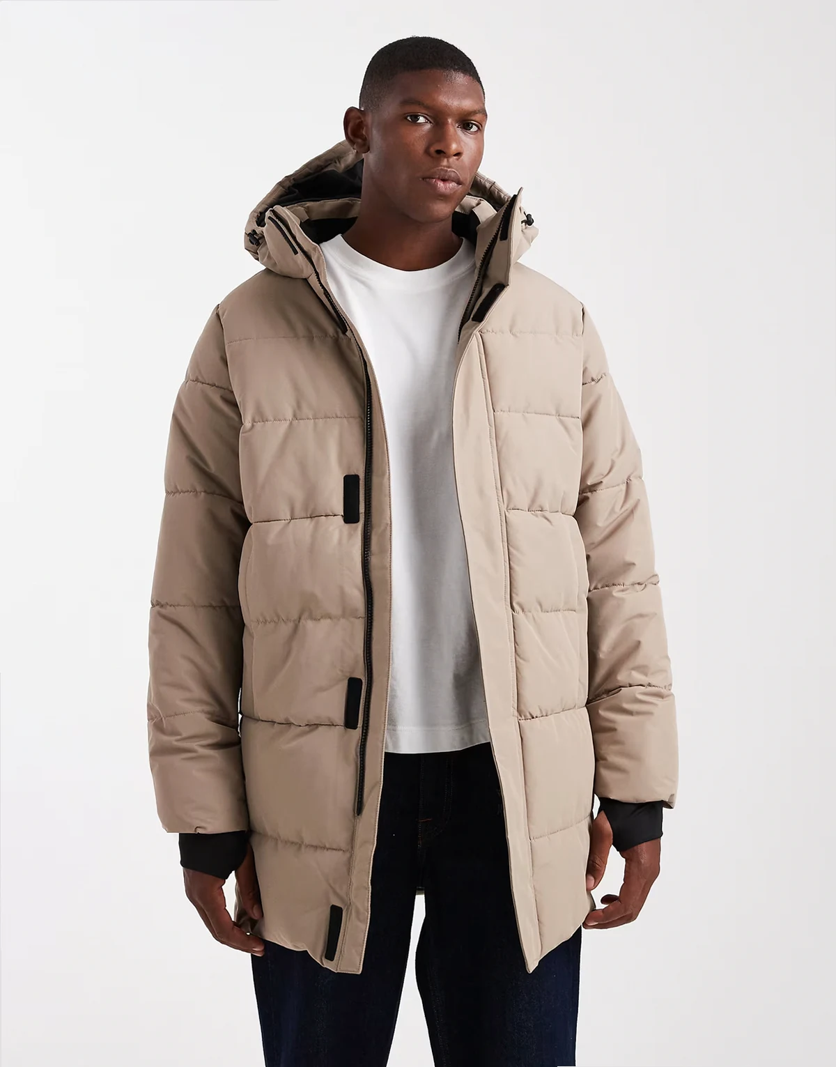 – Wasserfester Longline-Puffermantel in Beige mit Kapuze
