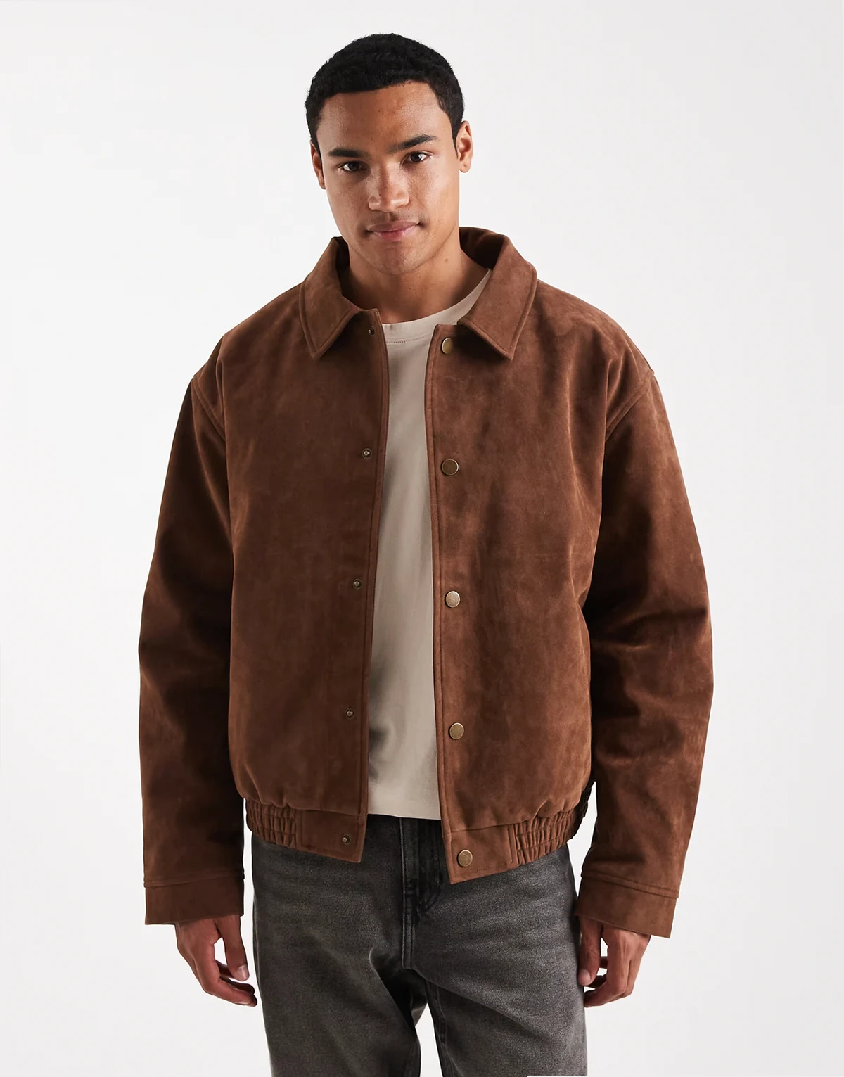 – Oversize-Bomberjacke aus Wildlederimitat in Braun
