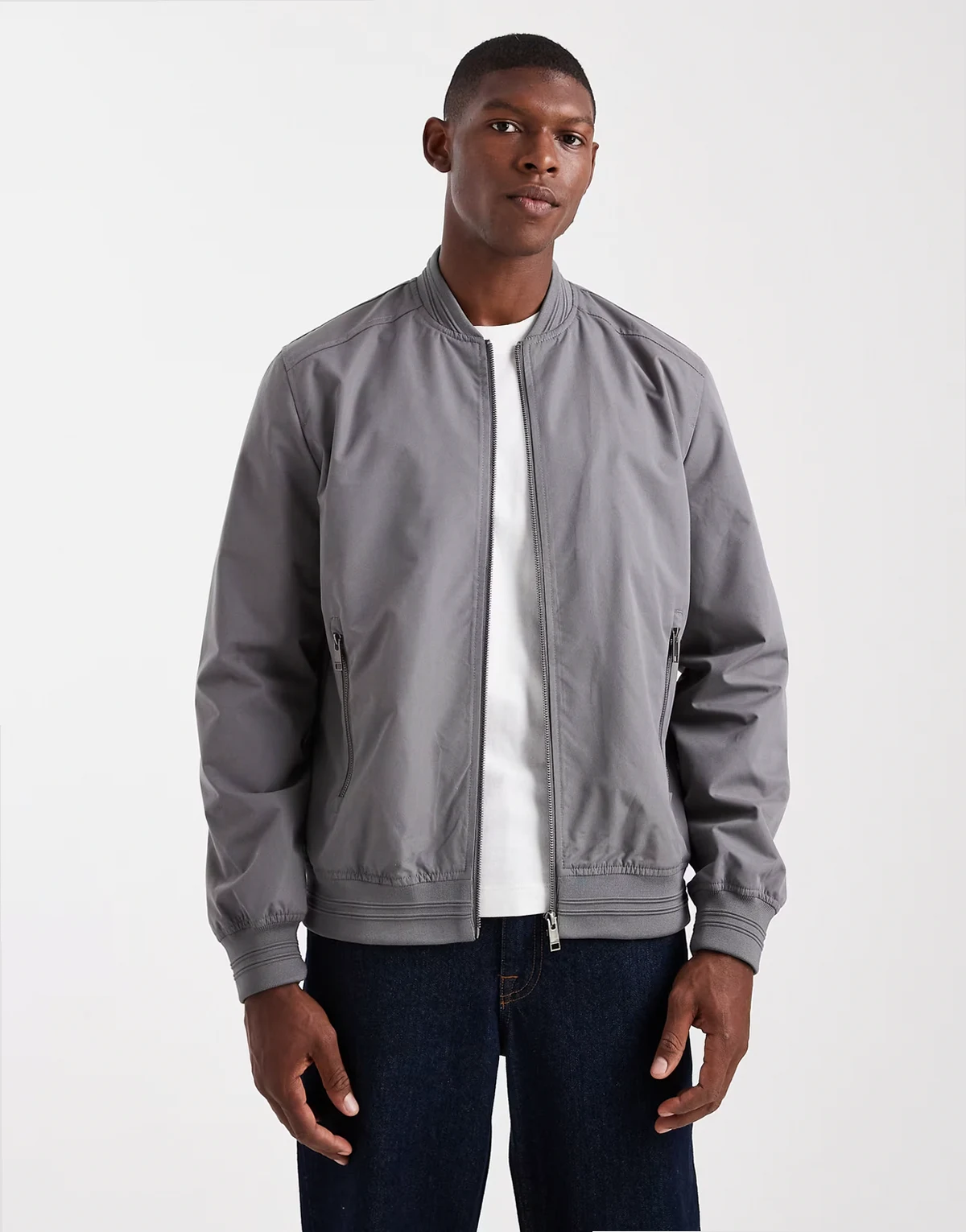 zip front bomber jacket with pockets in slate gray