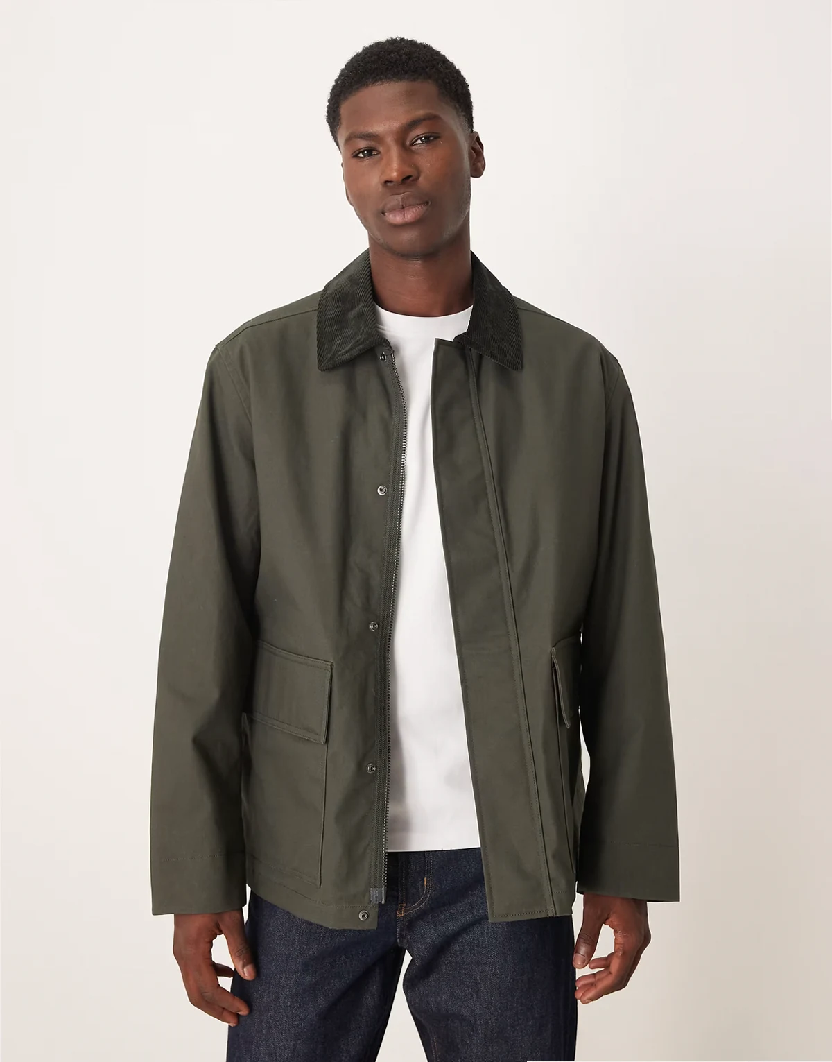 waxed cotton jacket with contrast cord collar in dark khaki green
