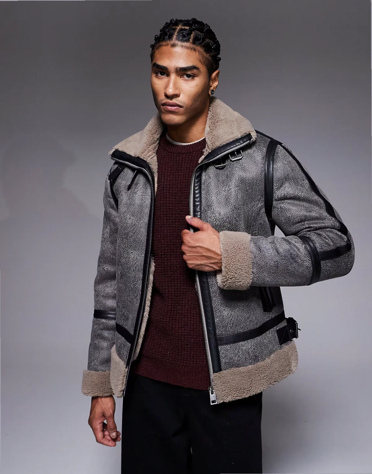 washed faux leather faux shearling jacket in black