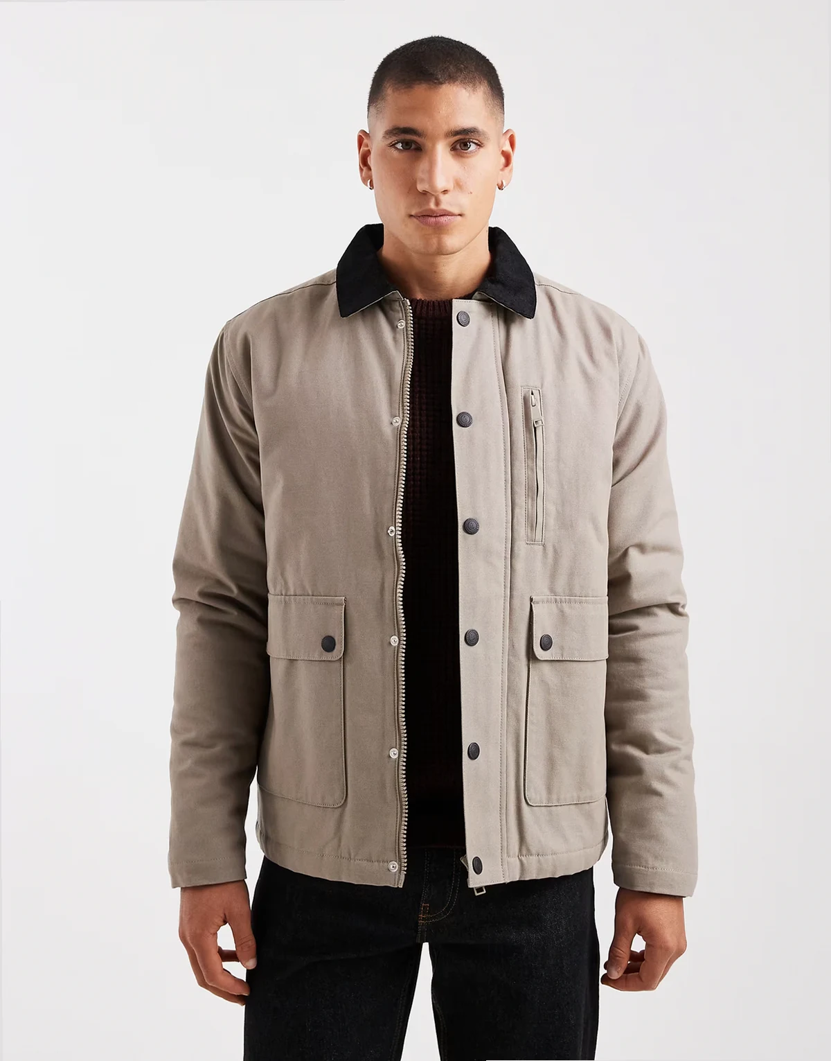 canvas jacket with front pockets and contrast collar in mushroom