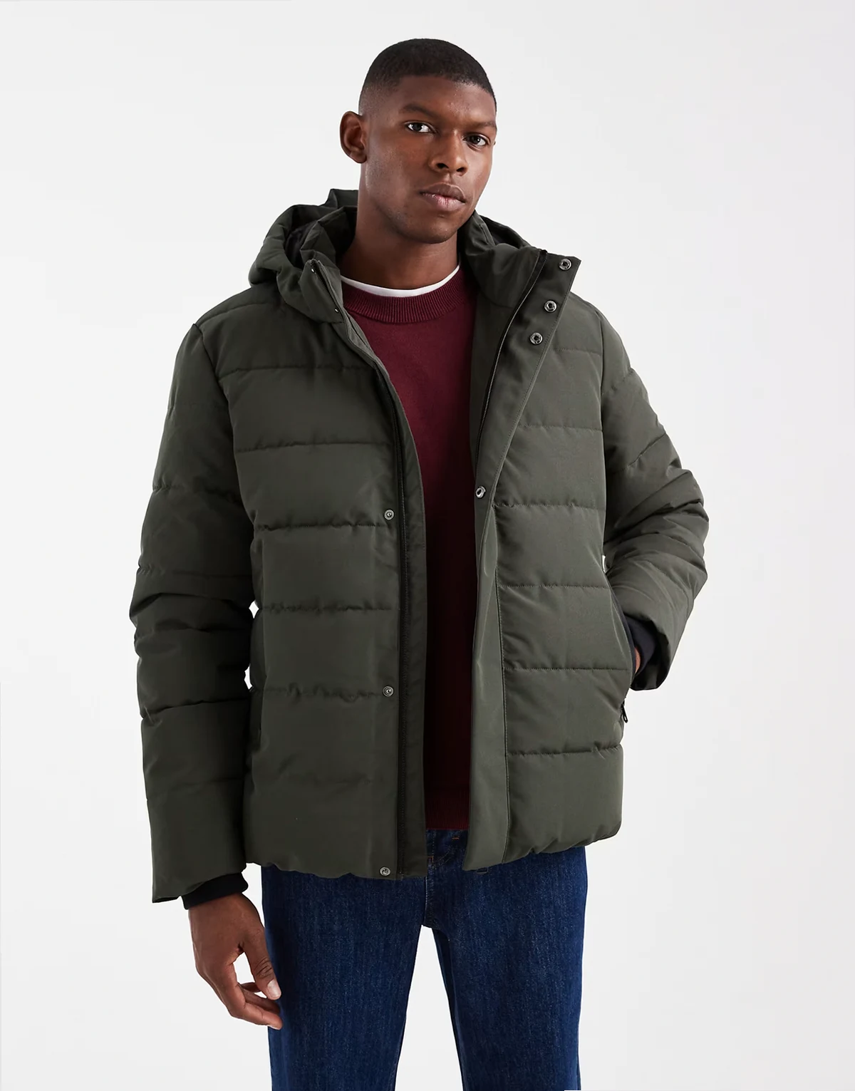 waterproof hooded puffer coat in dark gray brown