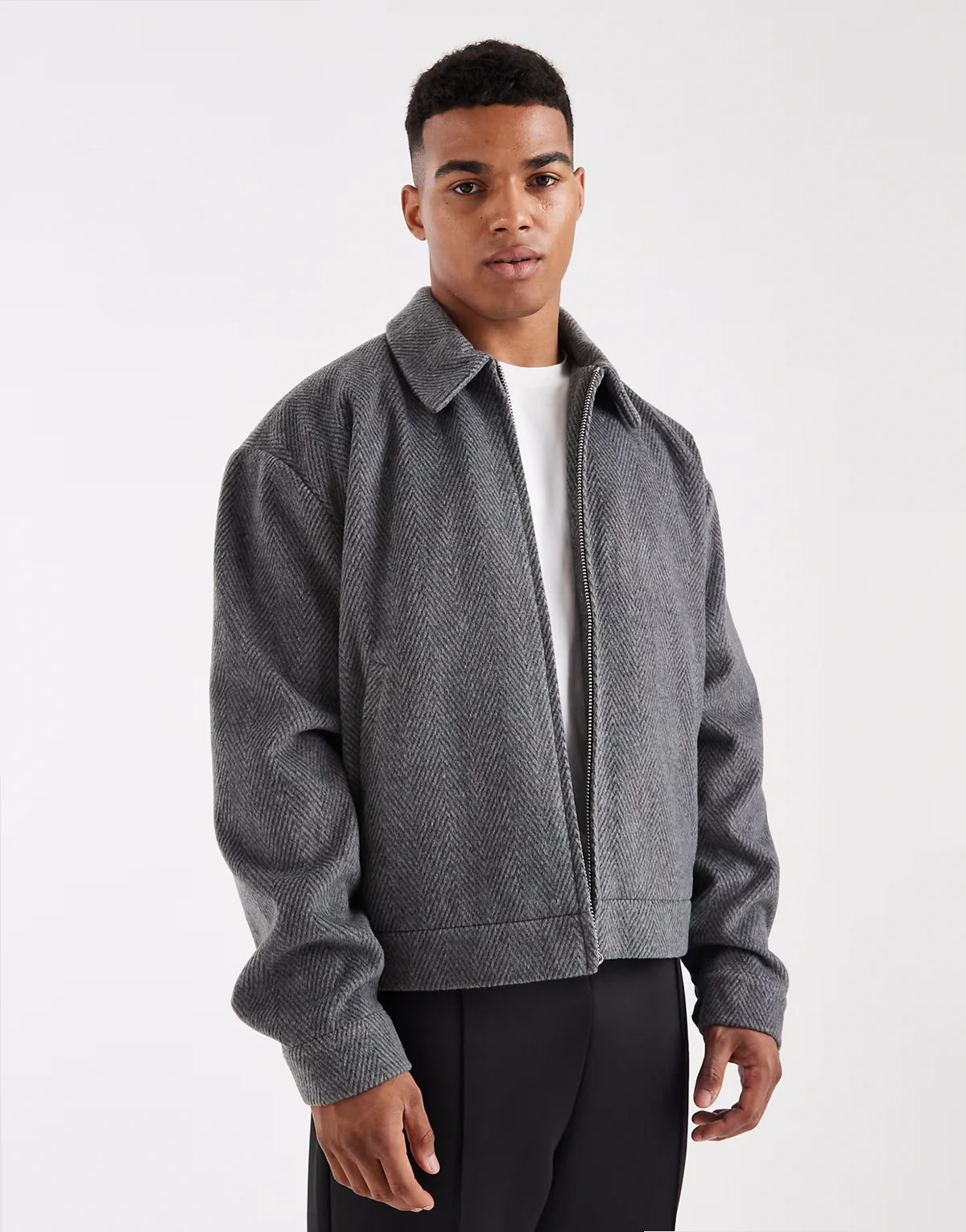 – Harringtonjacke in grauer Woll-Optik mit Salz- und Pfeffermuster