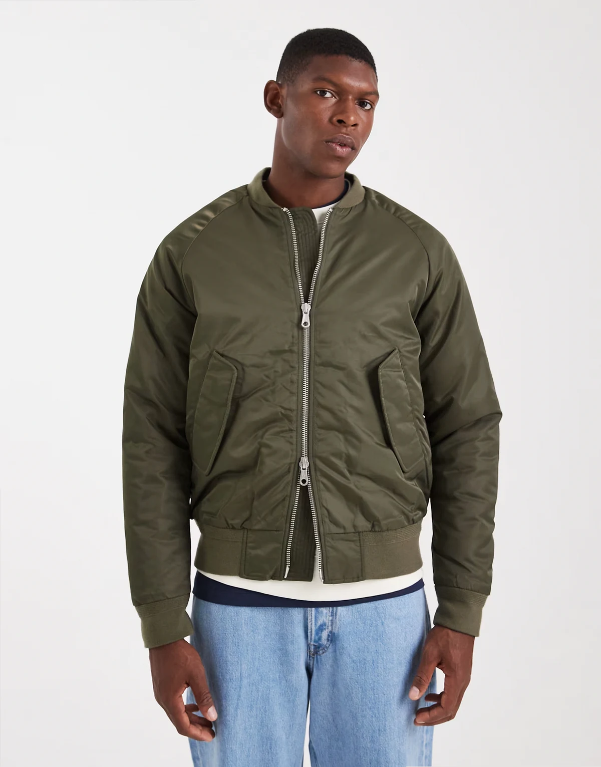 bomber jacket with contrast lining in olive green