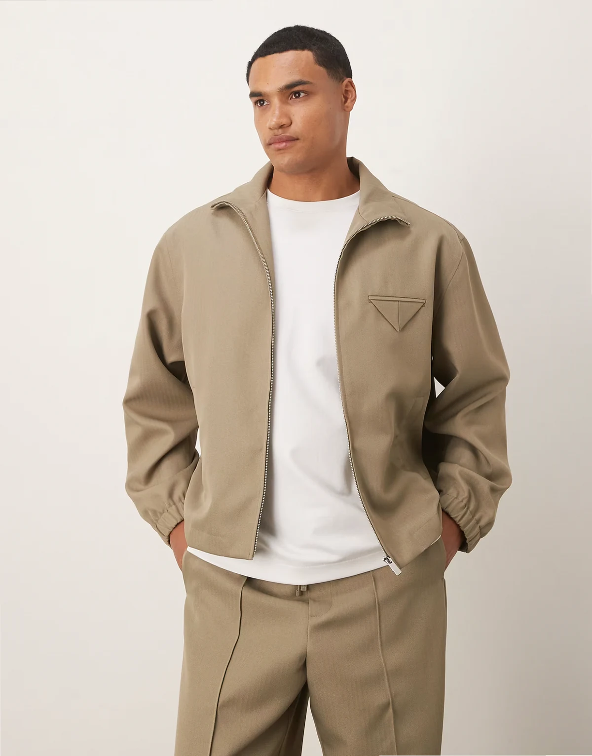 relaxed dressy track jacket in olive herringbone - part of a set