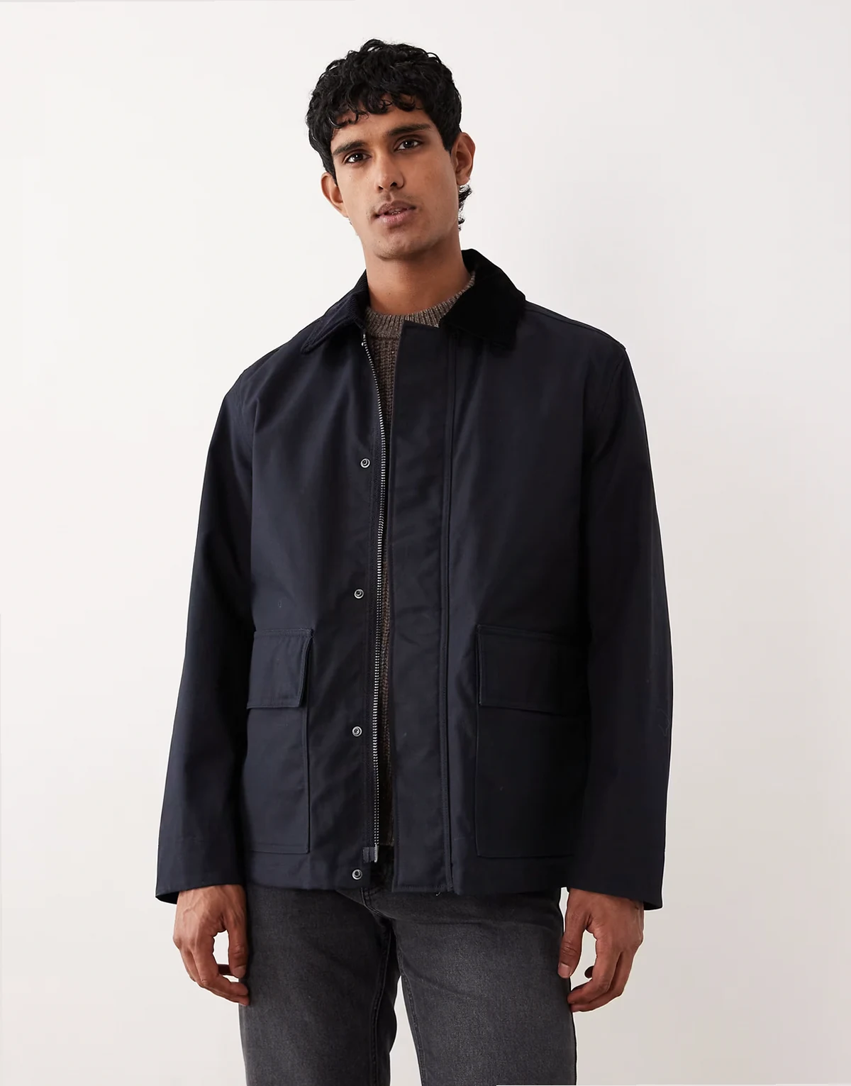 waxed cotton jacket with contrast cord collar in navy blue