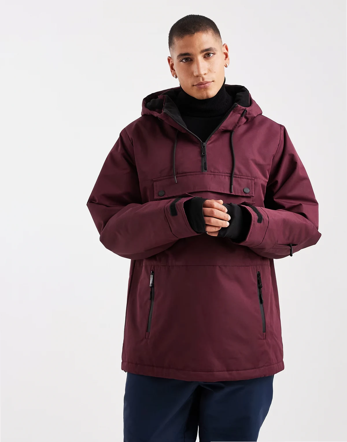 overhead ski jacket with hood and pocket detail in burgundy