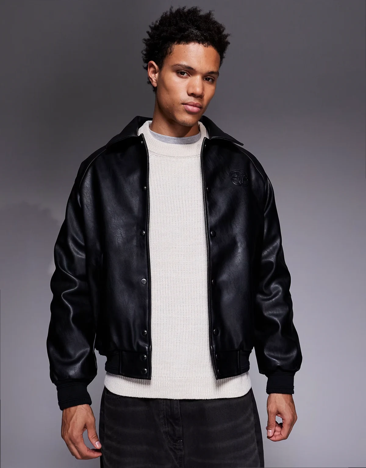 faux leather button up jacket in black