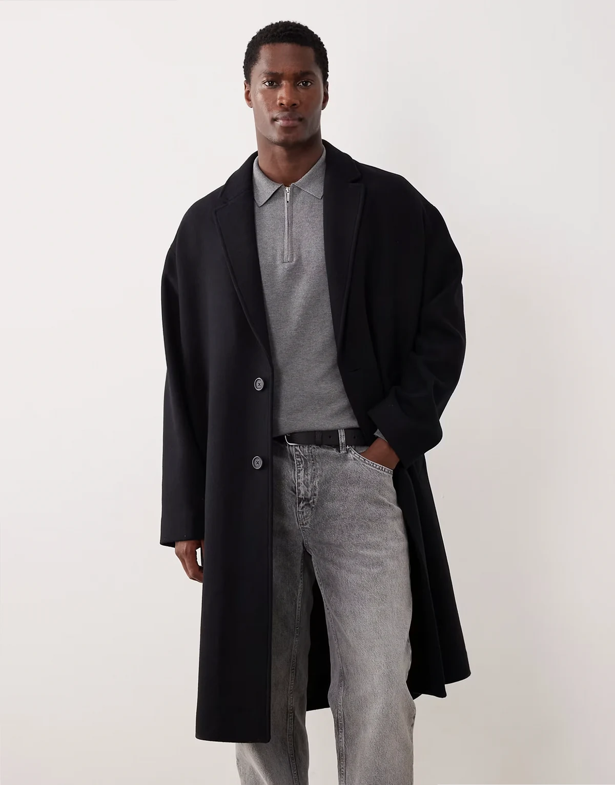 wool blend longline coat in black