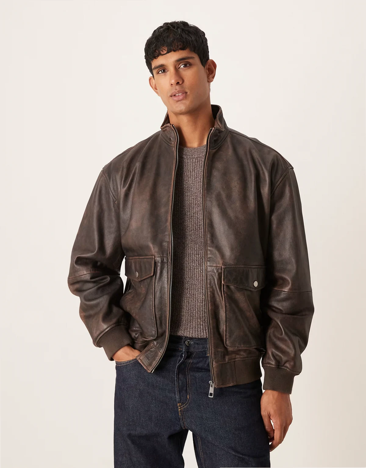 – Bomberjacke im Vintage-Look aus braunem Echtleder
