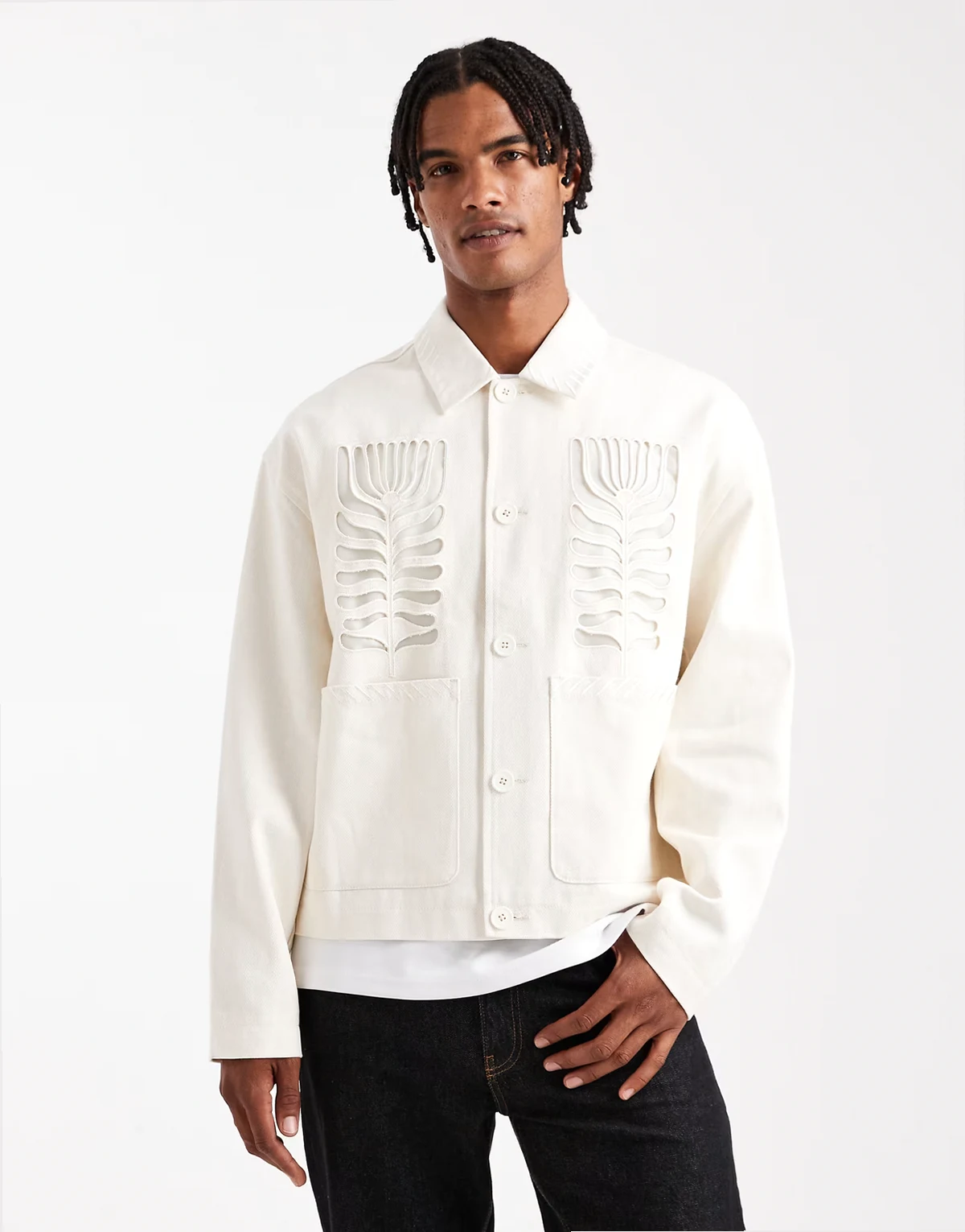– Harrington-Jacke in Weiß mit Stickerei