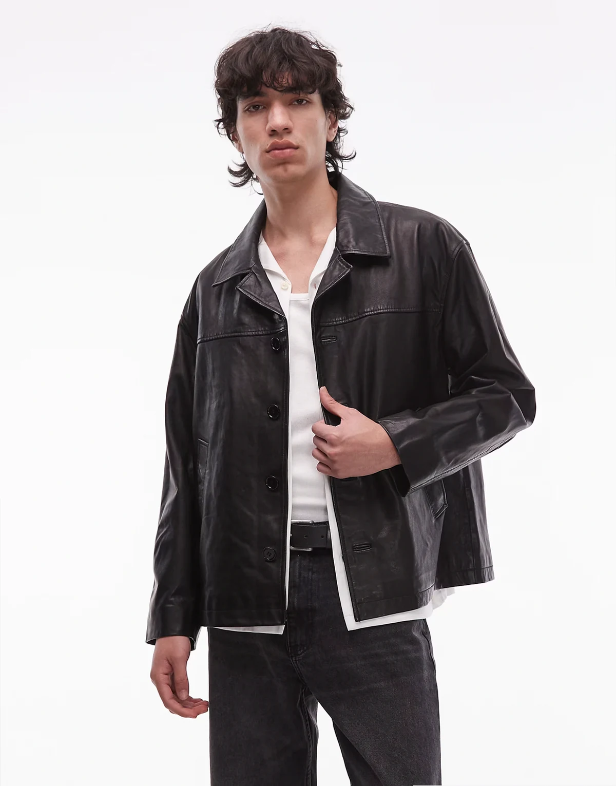 Bradwell button up leather jacket in black