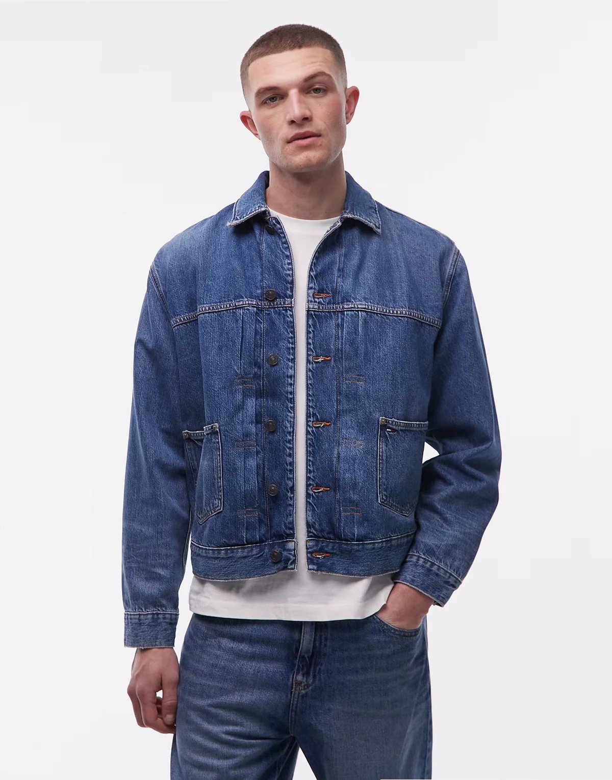 pleated selvage denim jacket in dark wash