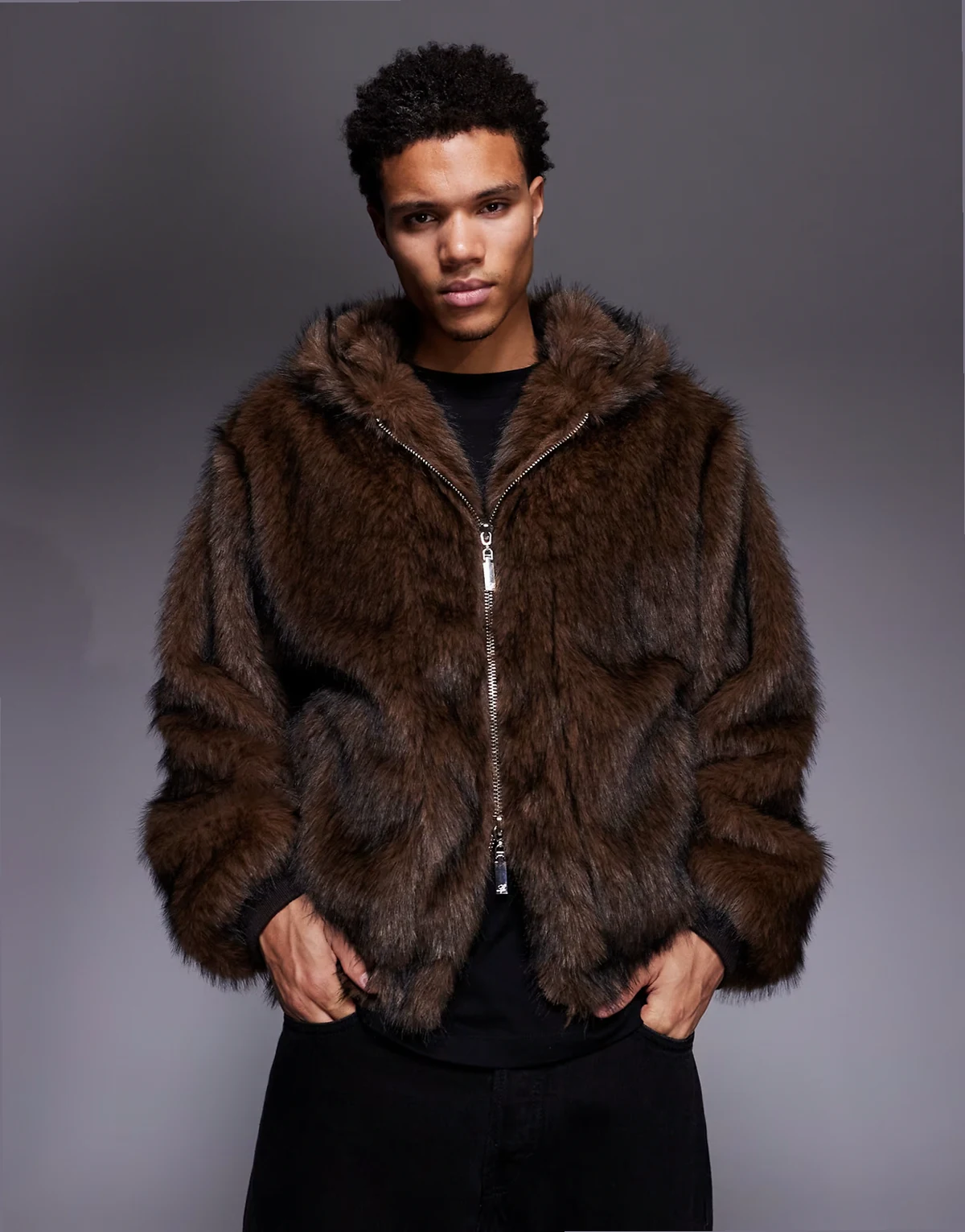 boxy faux fur bomber jacket in brown