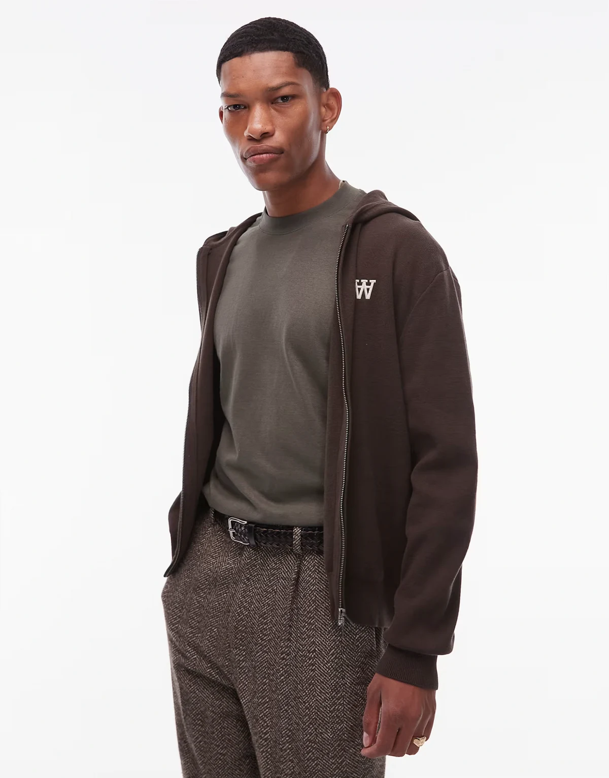 curt double zip up knit hoodie in mocha