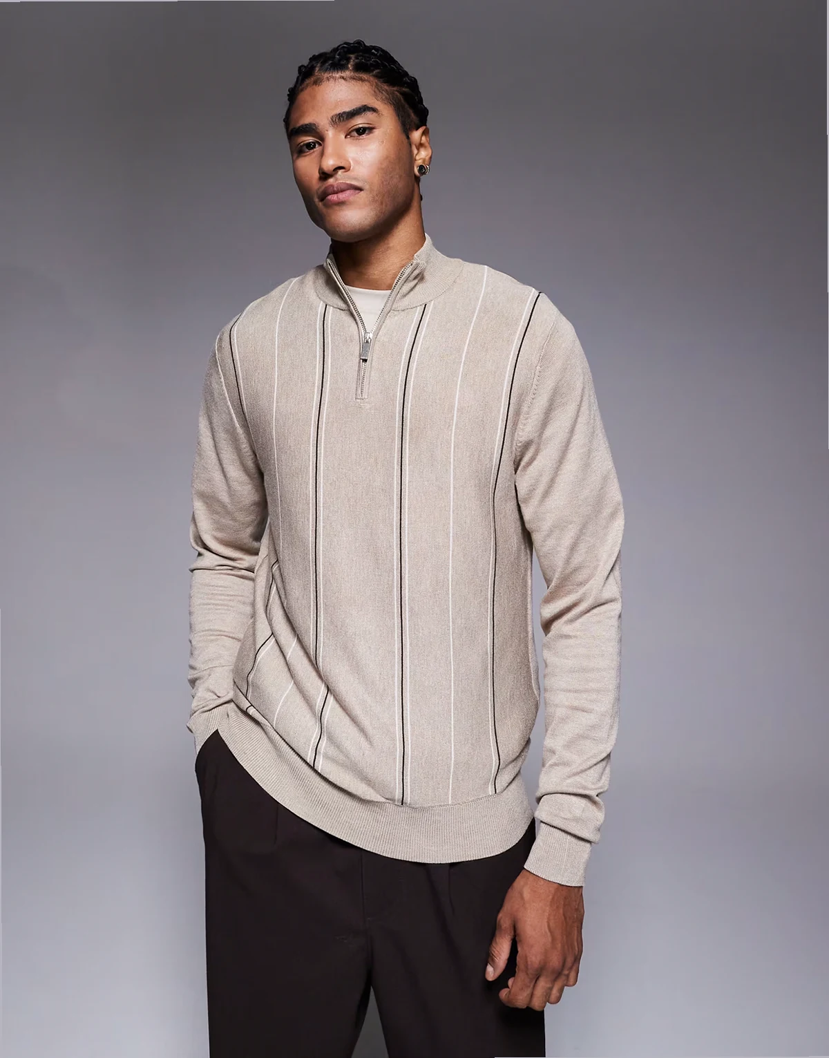 knit striped half zip sweater in stone