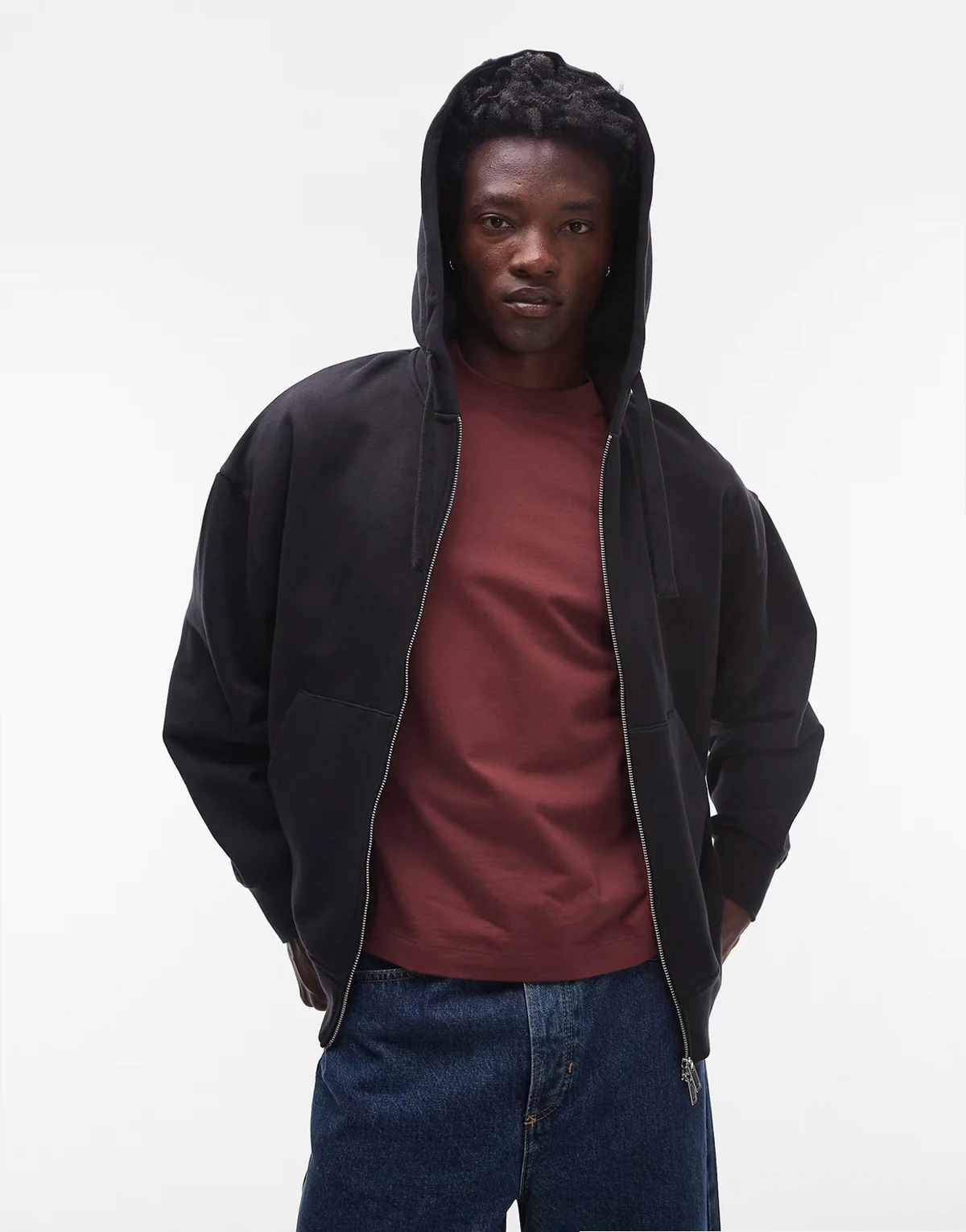 – Oversized-Kapuzenjacke mit Reißverschluss aus schwerem Material in Schwarz