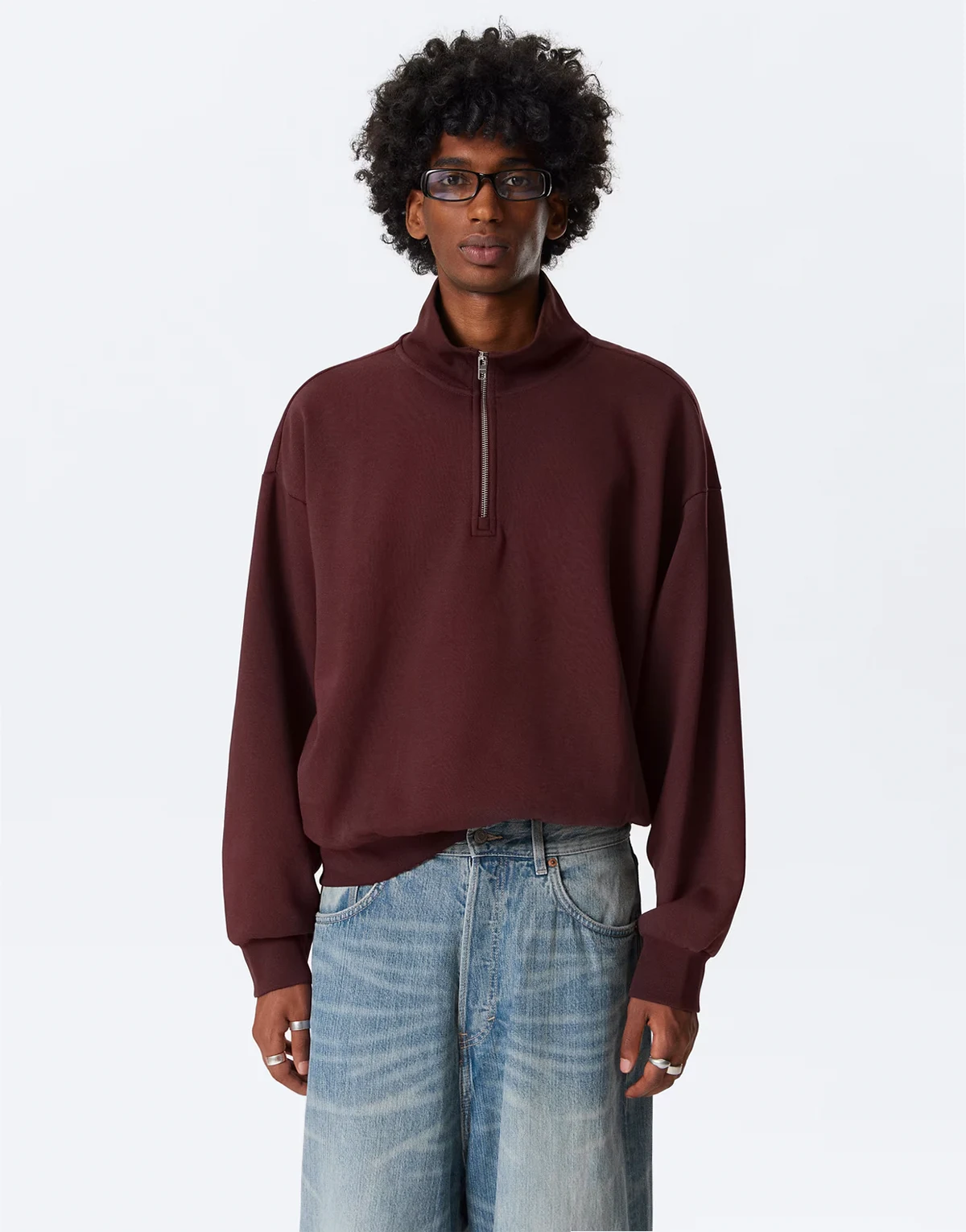 boxy oversized fit half zip sweatshirt in burgundy