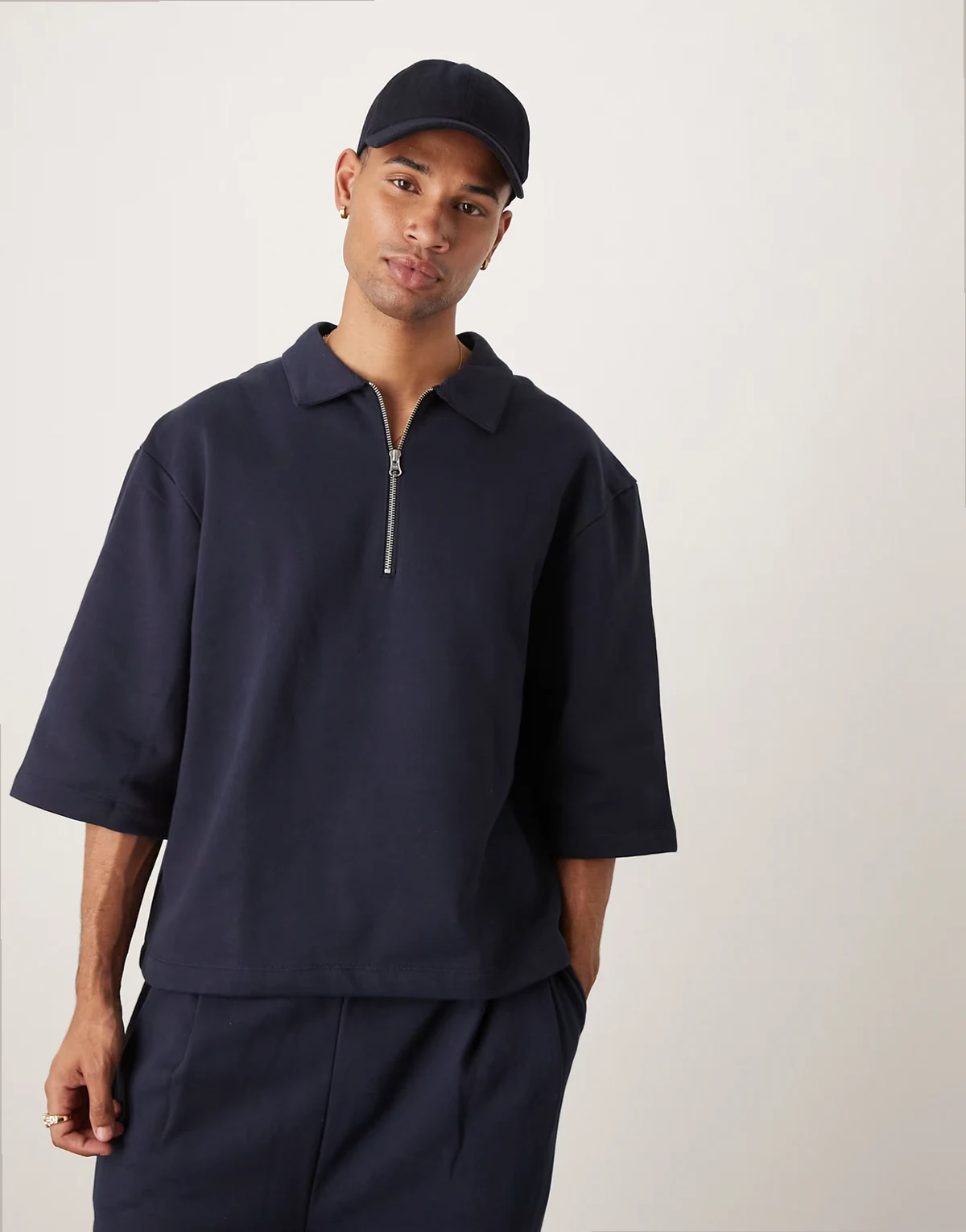 Premium – Granatowa gruba bluza oversize z krótkimi rękawami o gramaturze 400 g/m²