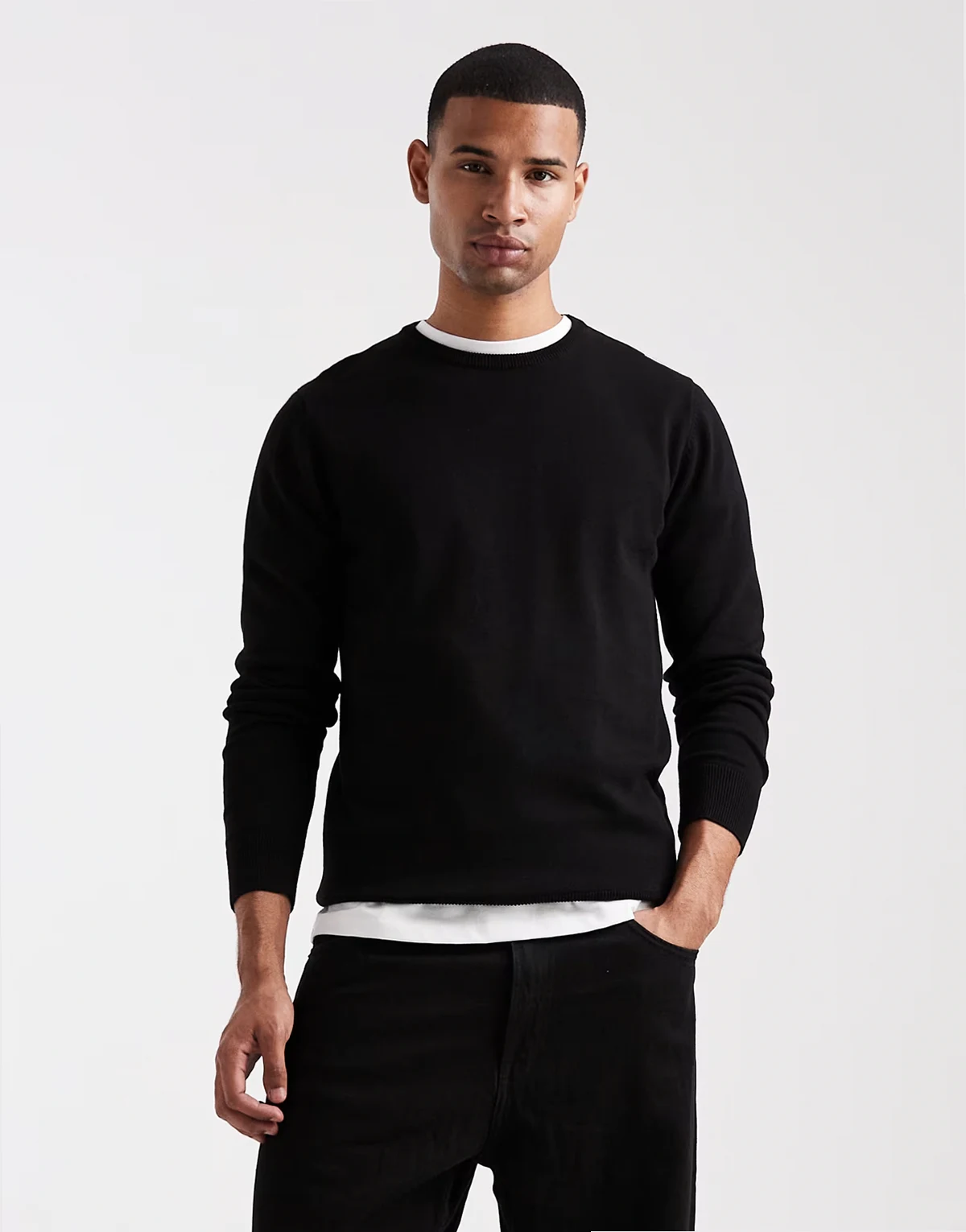 fine knit crew neck sweater in black