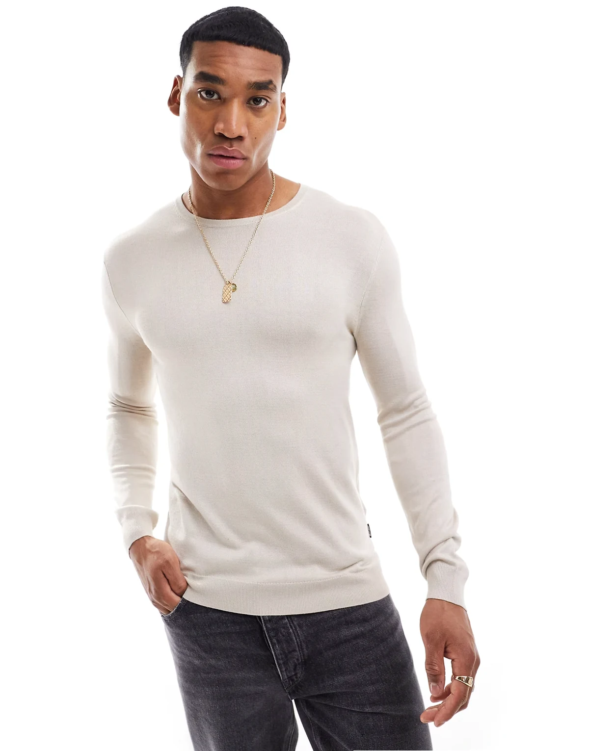 – Pullover in Beige mit Rundhalsausschnitt