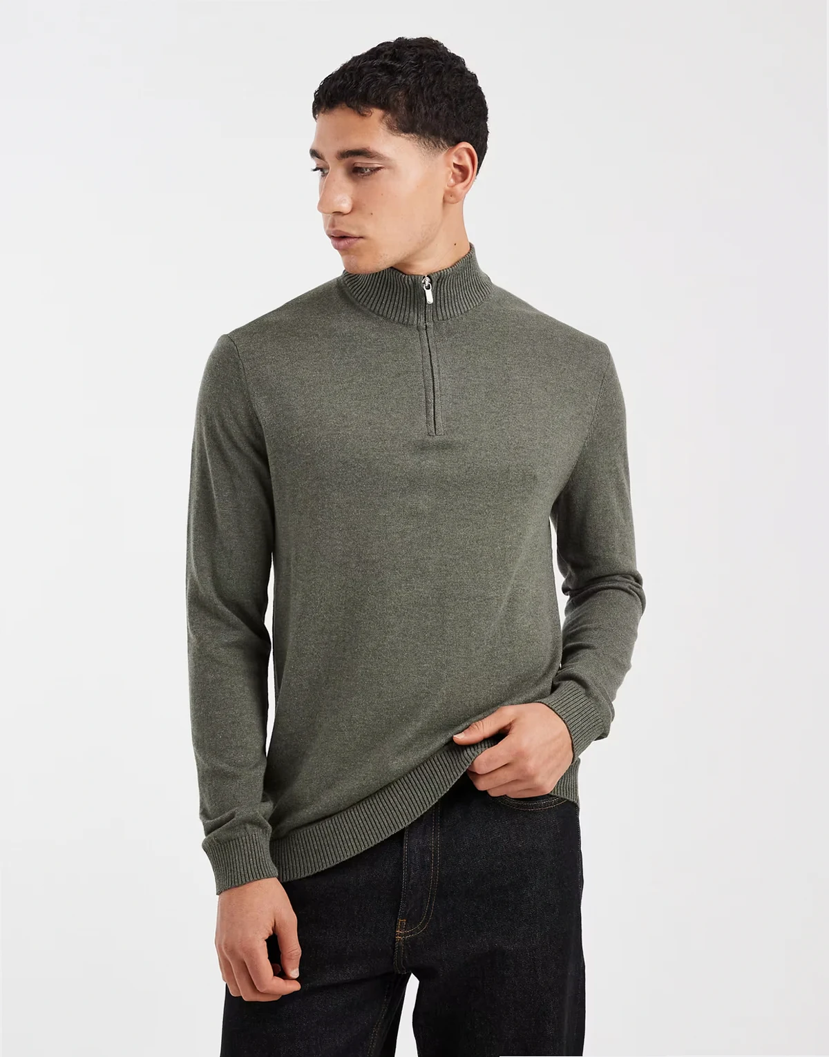 – Strickpullover in Khaki mit kurzem Reißverschluss