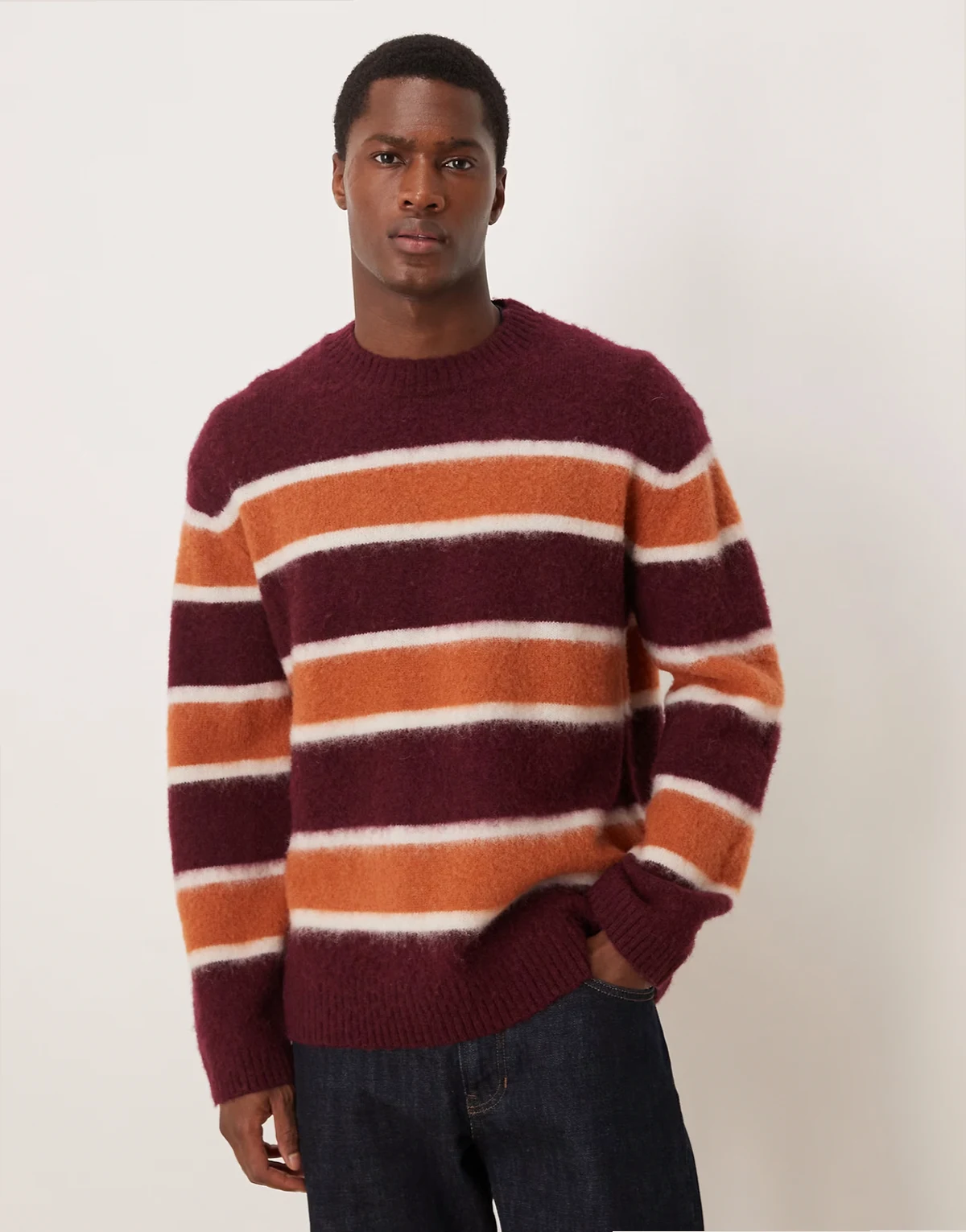crew neck sweater in rust orange stripes