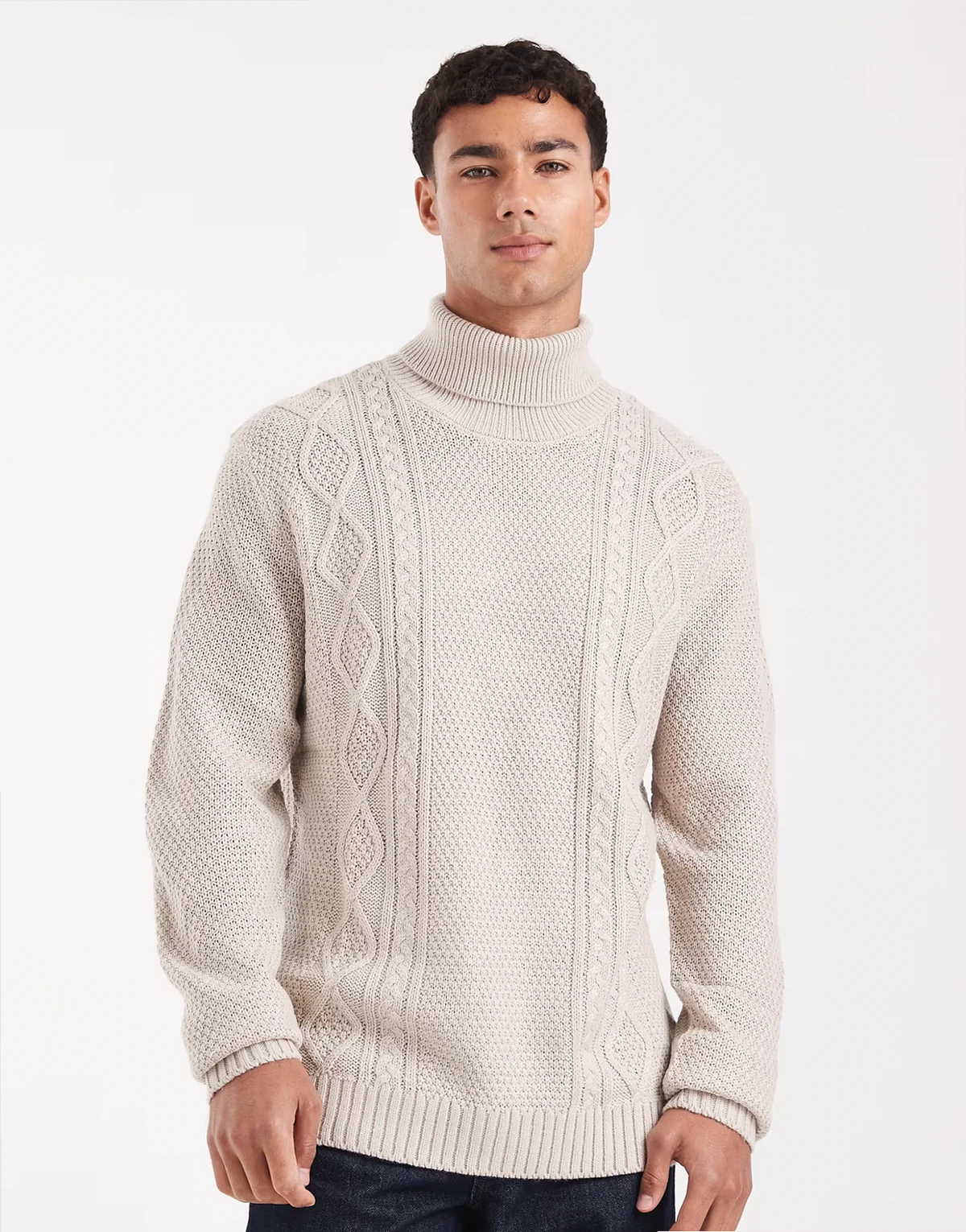 cable roll neck sweater in beige