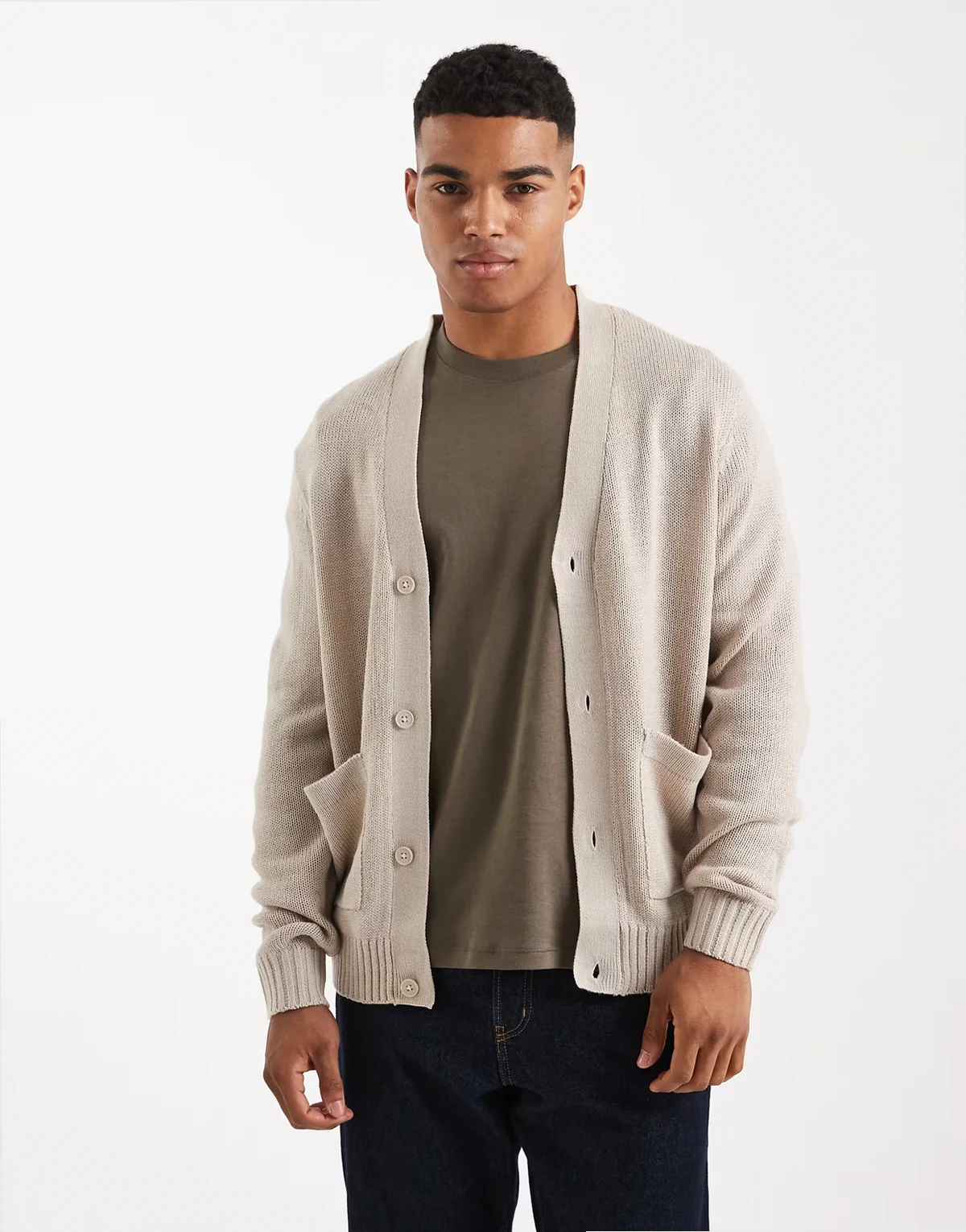 – Relaxed-Fit-Strickjacke in Steinbeige