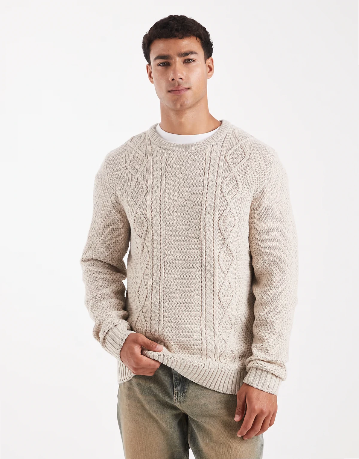 – Strickpullover in Beige mit Zopfmuster