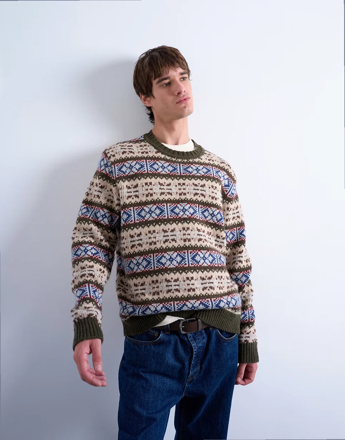 – Strickpullover in Khaki mit Rundhalsausschnitt und Norwegermuster