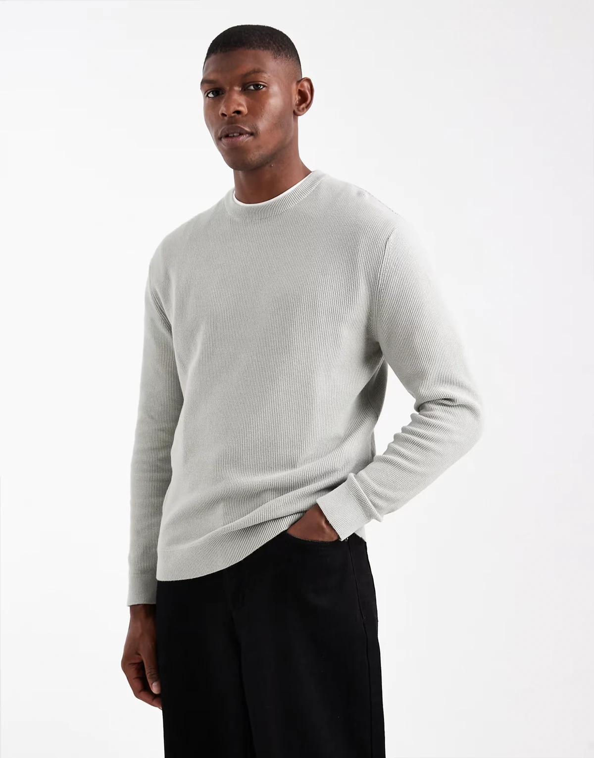 – Regular-Fit-Strickpullover in Hellgrau mit Waffelmuster