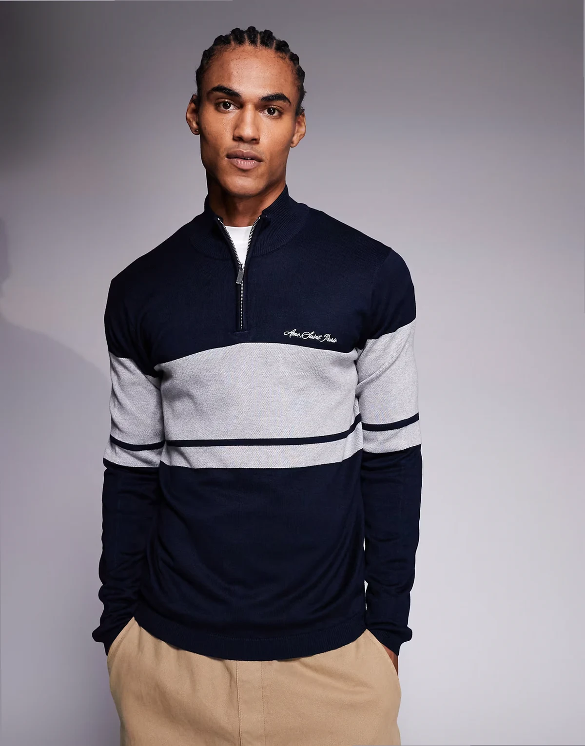 half zip sweater with color blocked detailing in navy