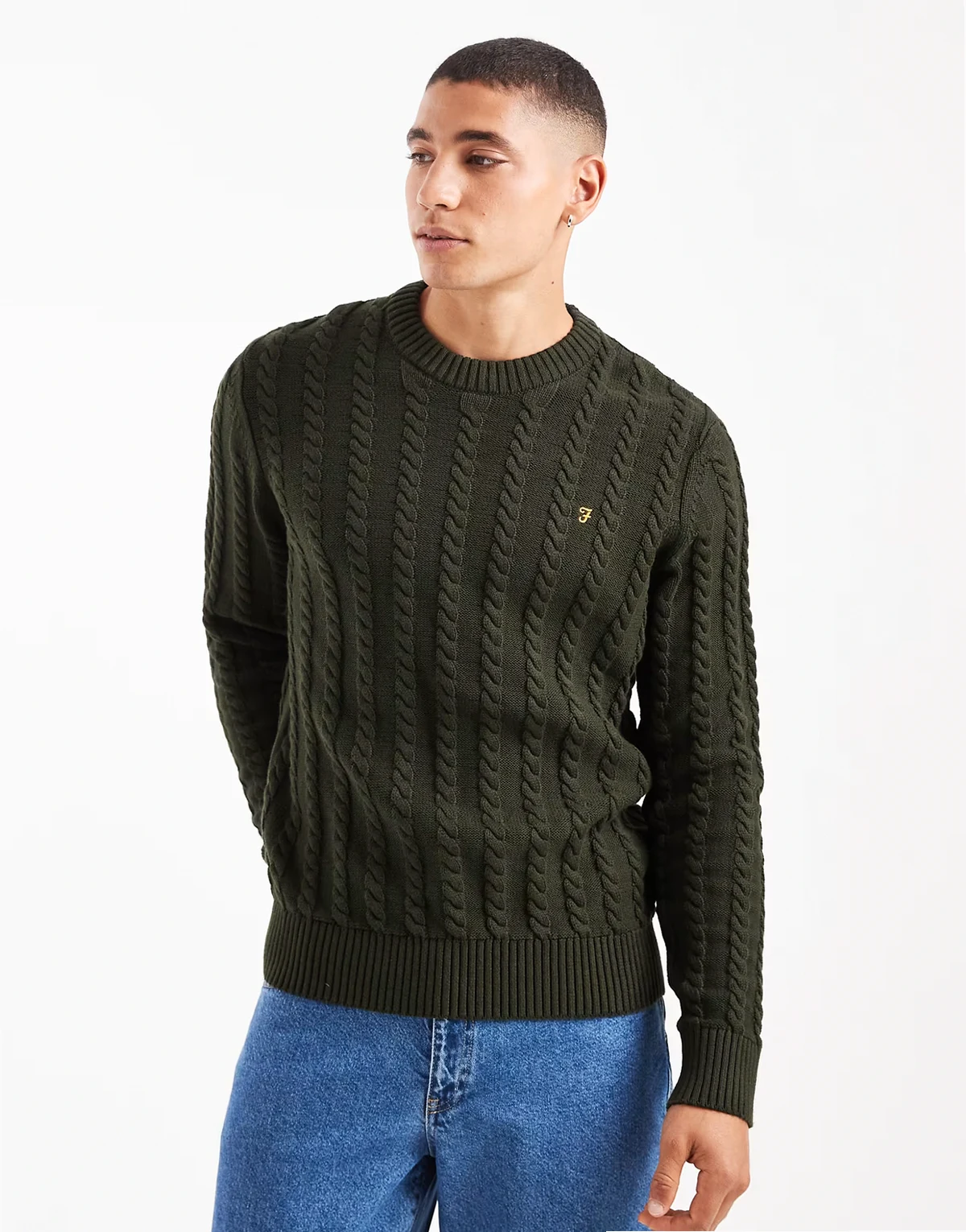 knight cable knit sweater in dark green