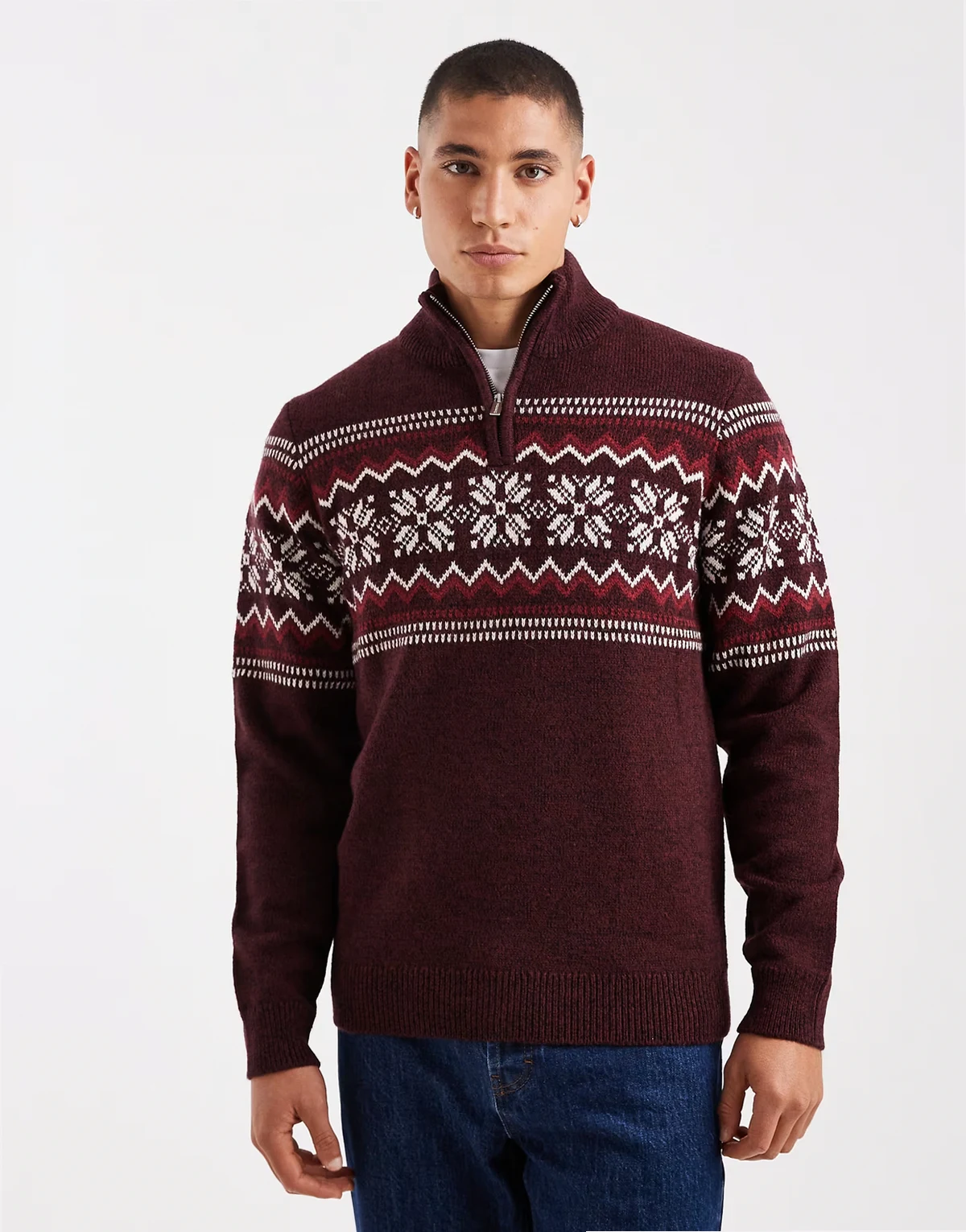 1/4 zip fairisle print sweater in burgundy