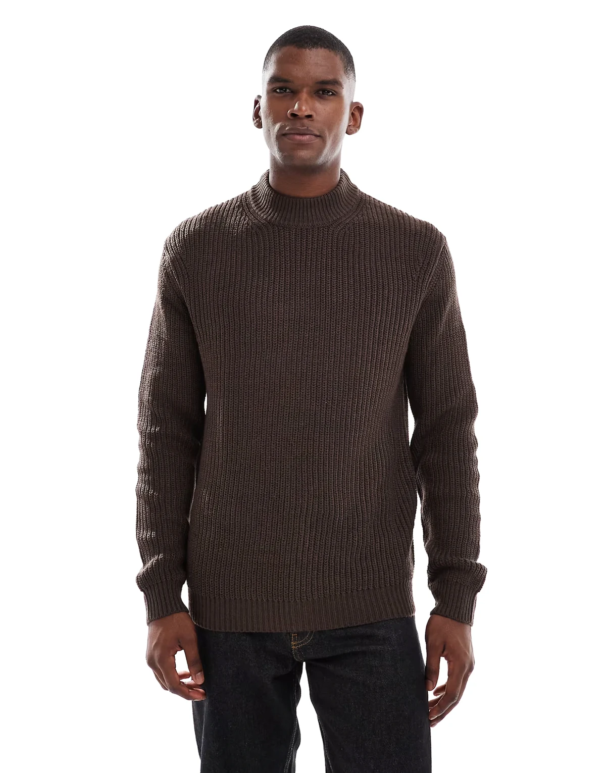 rib knit crew neck sweater in chocolate brown