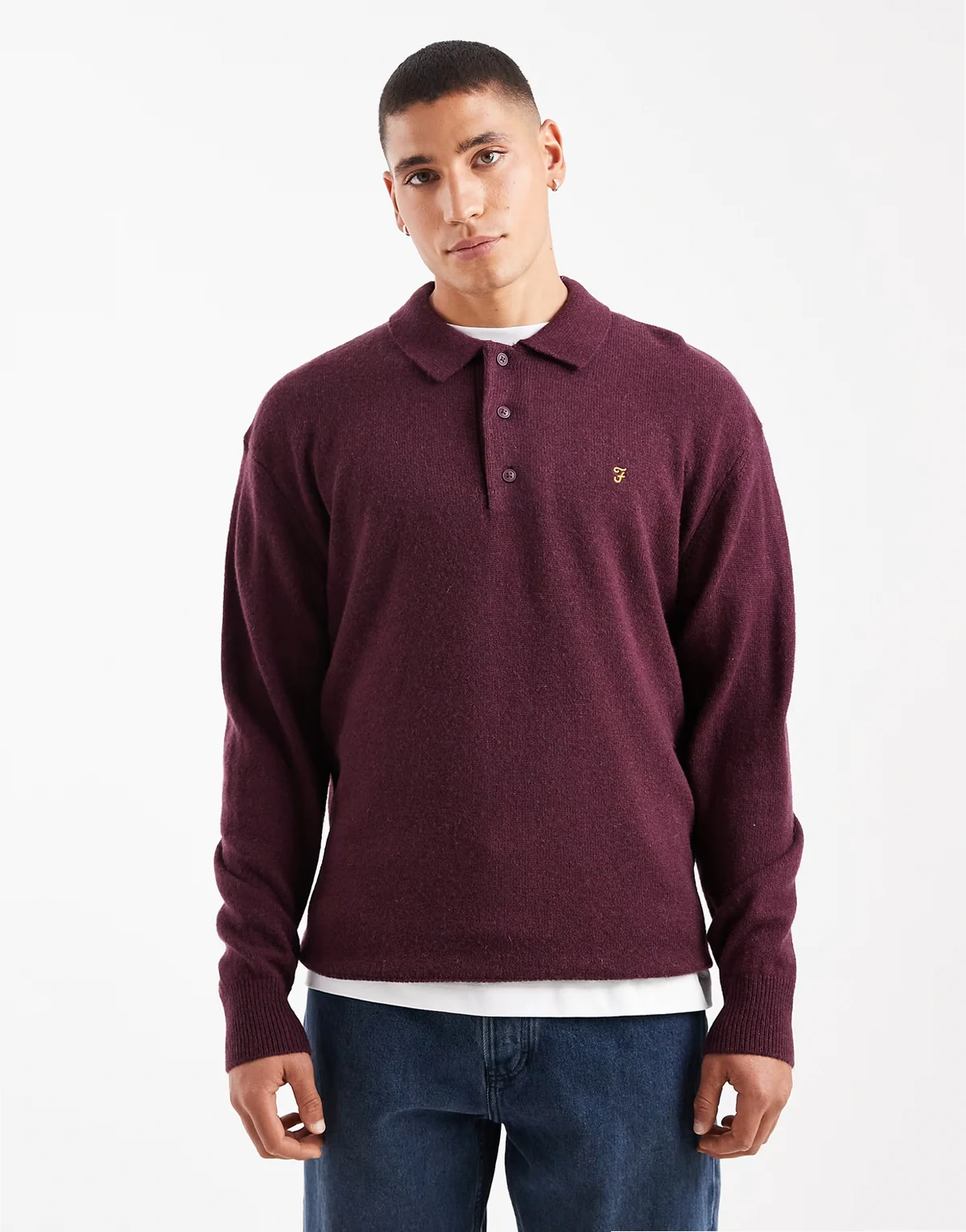 Matson lambswool long sleeve polo shirt in burgundy