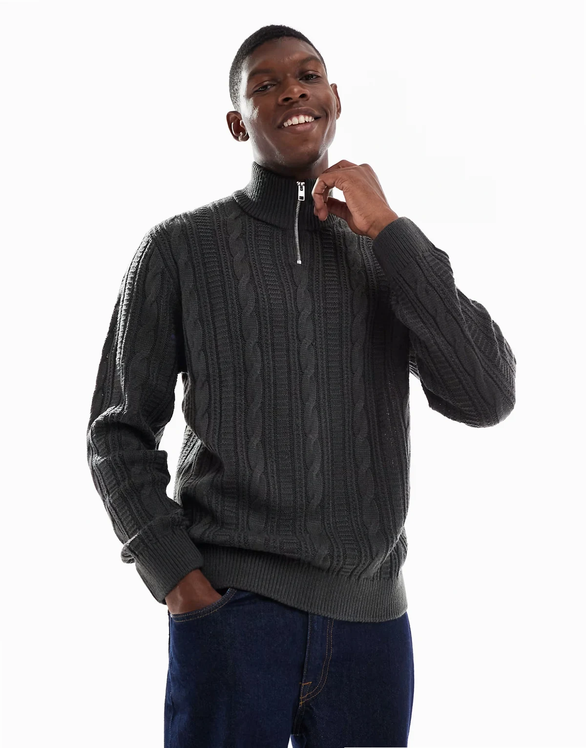 cable knit 1/4 zip sweater in dark gray