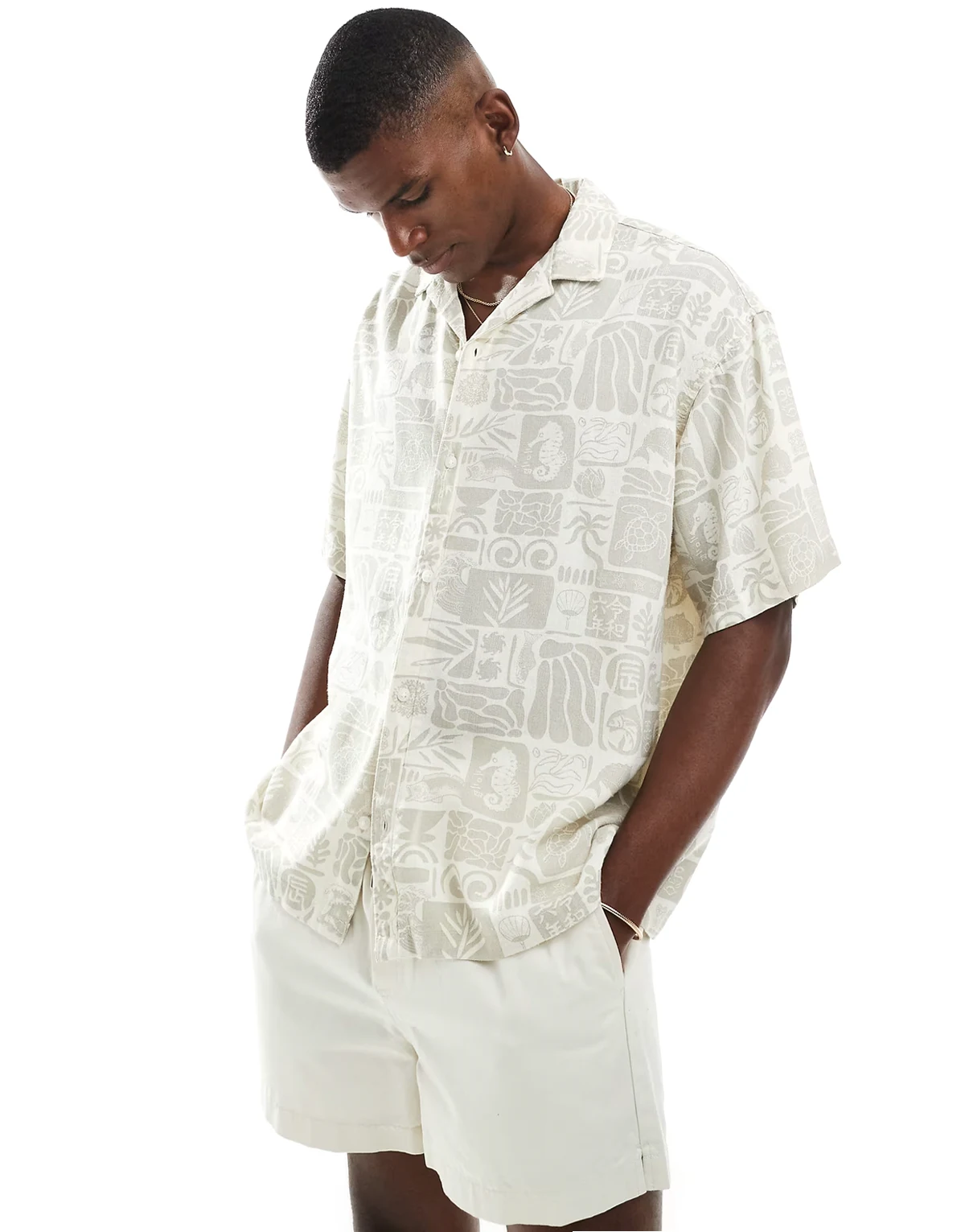 revere collar linen short sleeve shirt with sealife print in beige