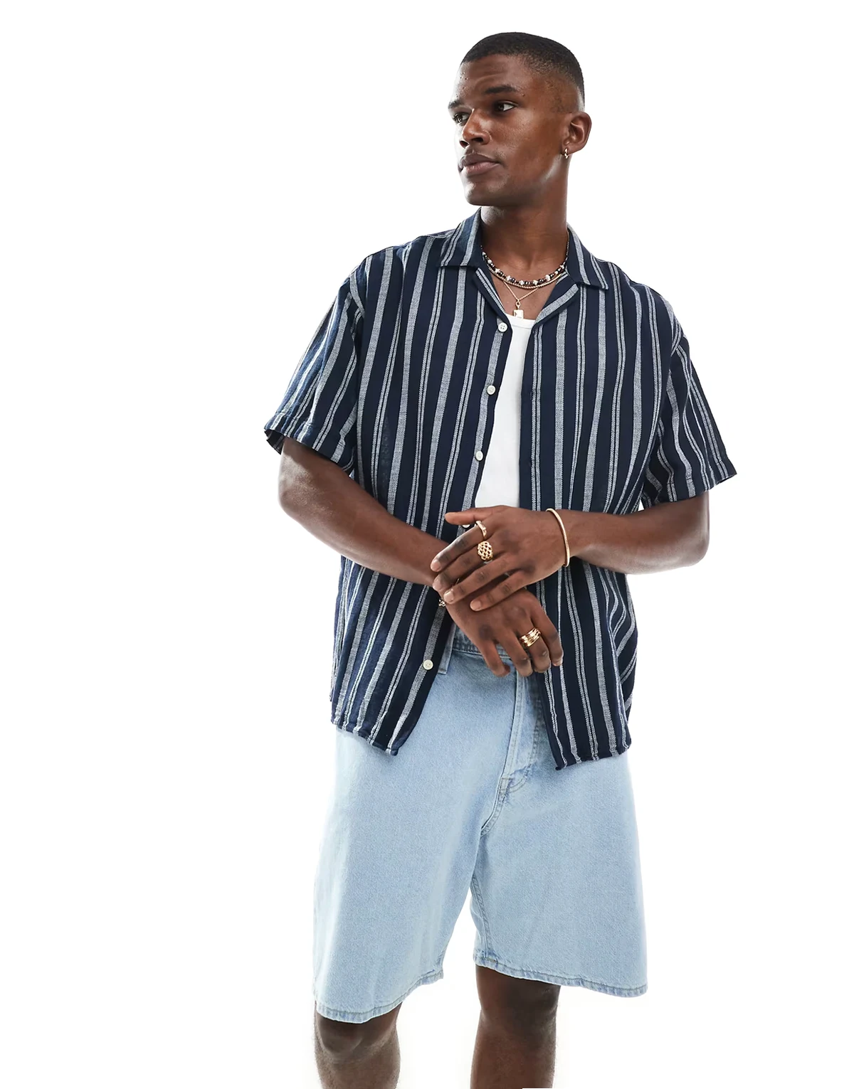 revere collar textured stripe short sleeve shirt in navy