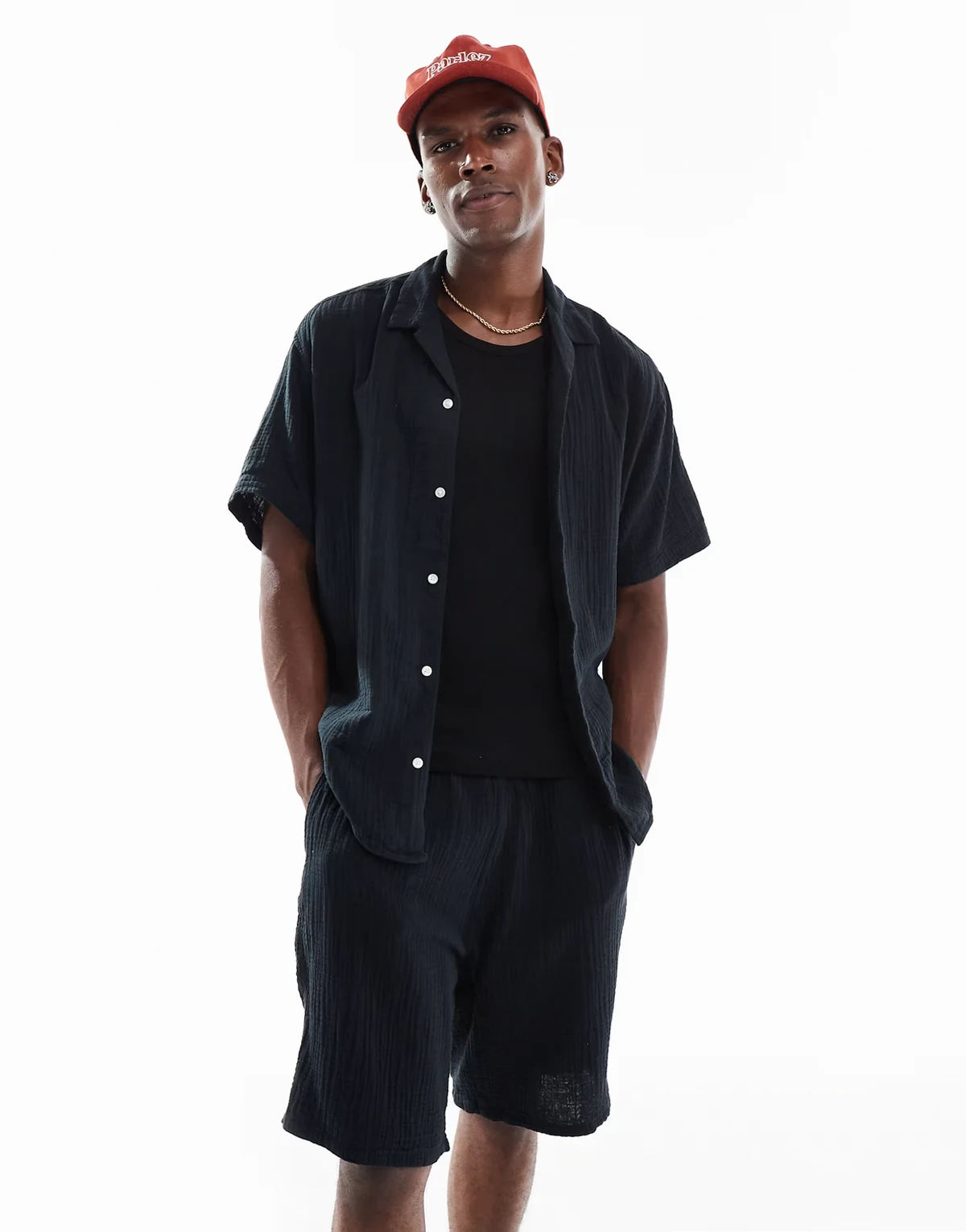 texture revere collar shirt and short set in black